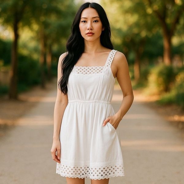 Maeve Eyelet Lace Trimmed Sundress Sz Small White Square Neck Pockets Lined
