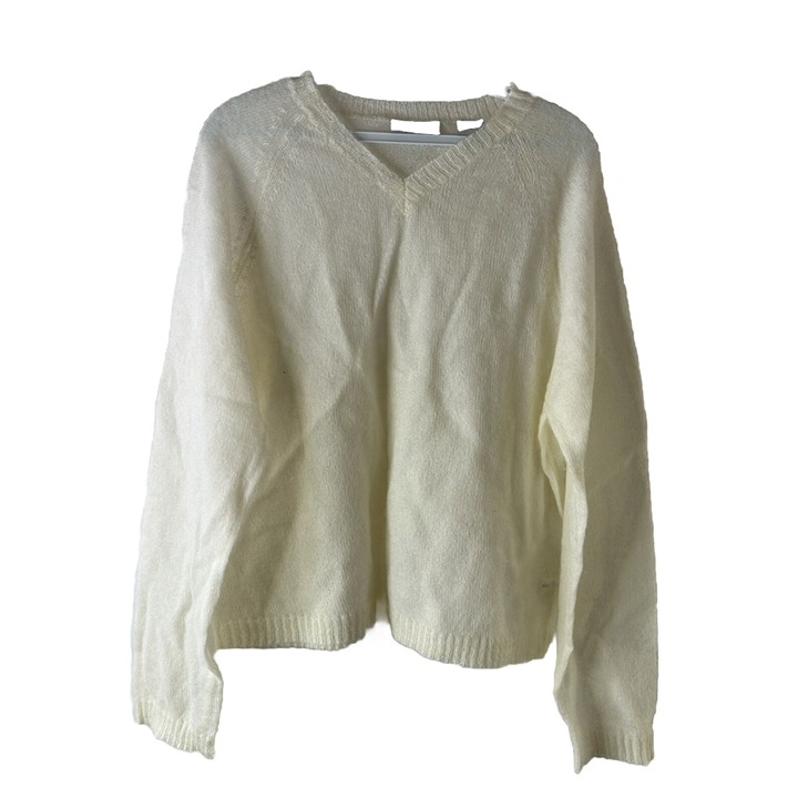 VTG Y2K Womens Large Mohair Lightweight Knit V Neck Sweater Ivory Minimalist