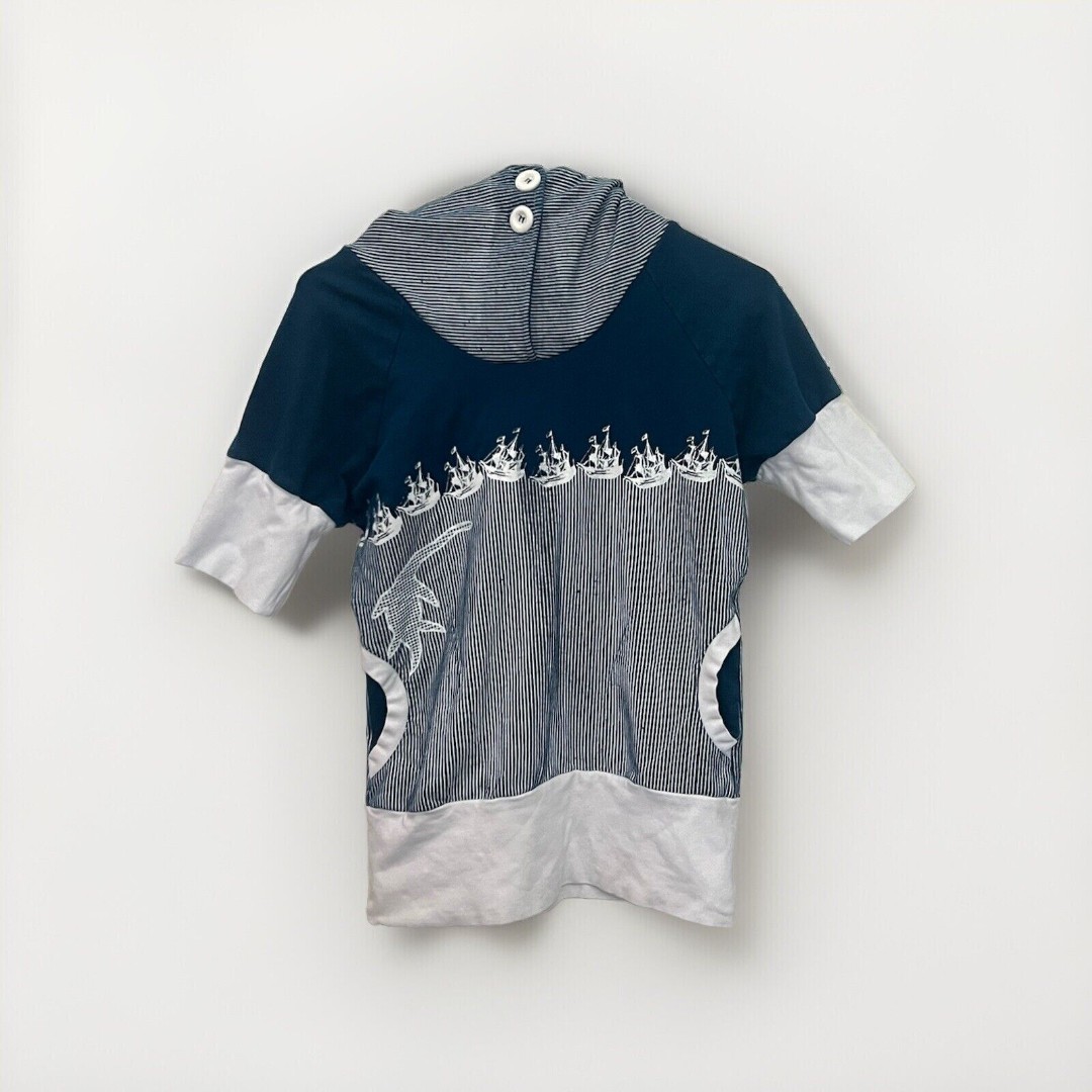 Umsteigen Women's Nautical Ship Print Blue White Short-Sleeve Hooded Sweatshirt