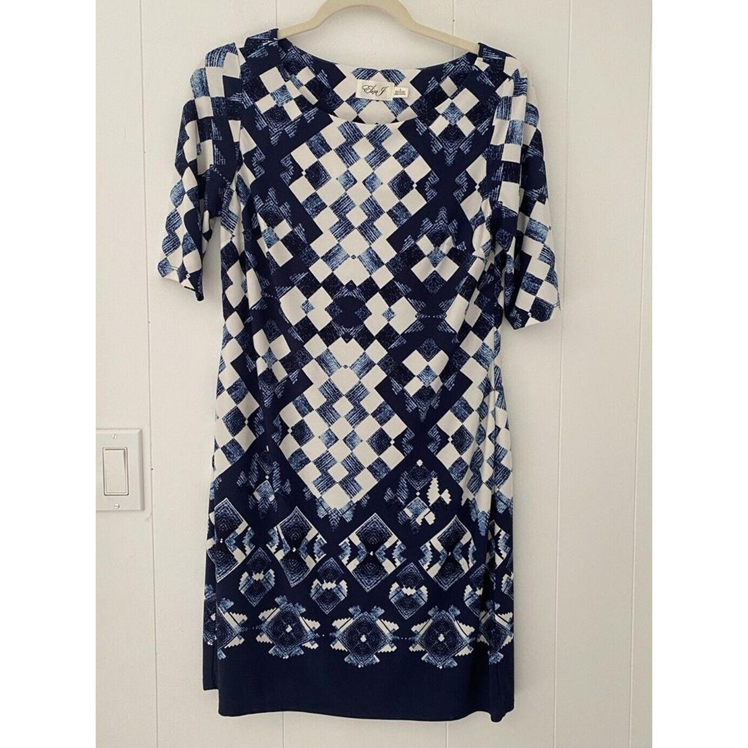 Eliza J Dress Women 8 Medium Blue White Shift Mini Stretch Half Geometric