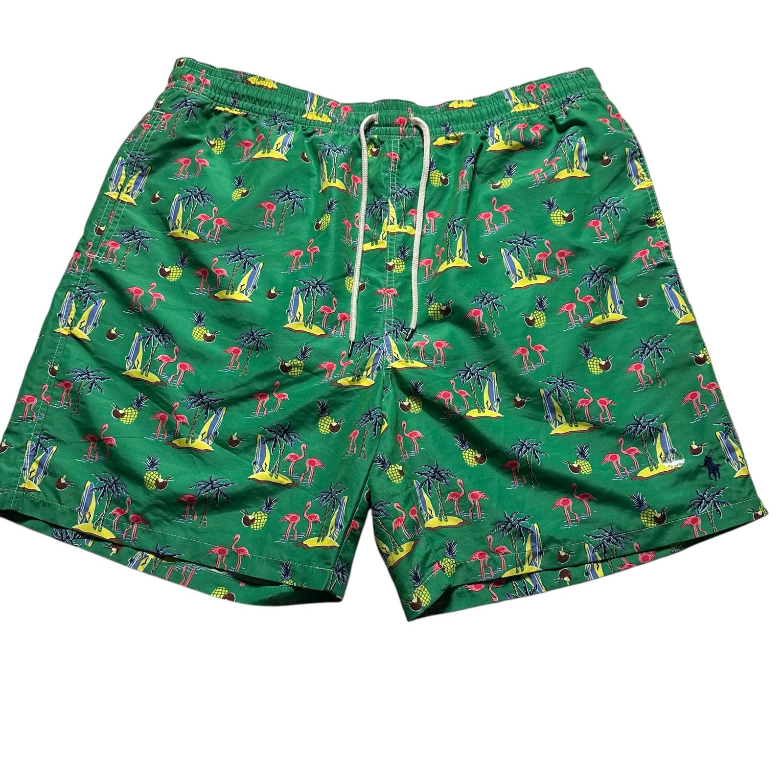 Polo Ralph Lauren Swim Trunks Men LT Green Lined Flamingo Surfboard Island Palm