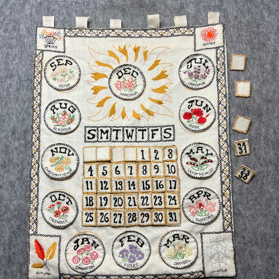 Vintage Better Homes & Gardens Perpetual Calendar Cross Stitch Embroidered Linen