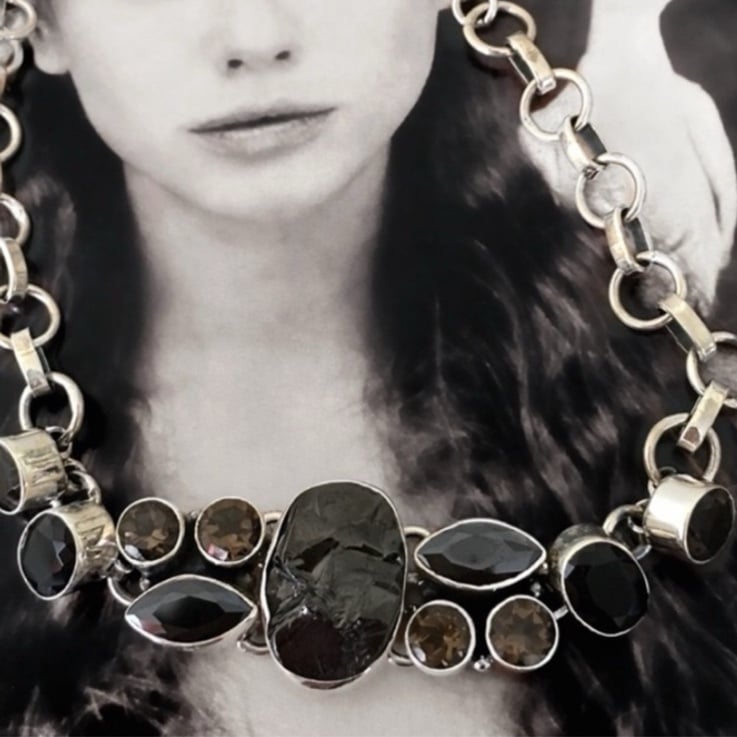 Sterling Silver Shungite,Black Onyx & Smoky Quartz Healing Bracelet