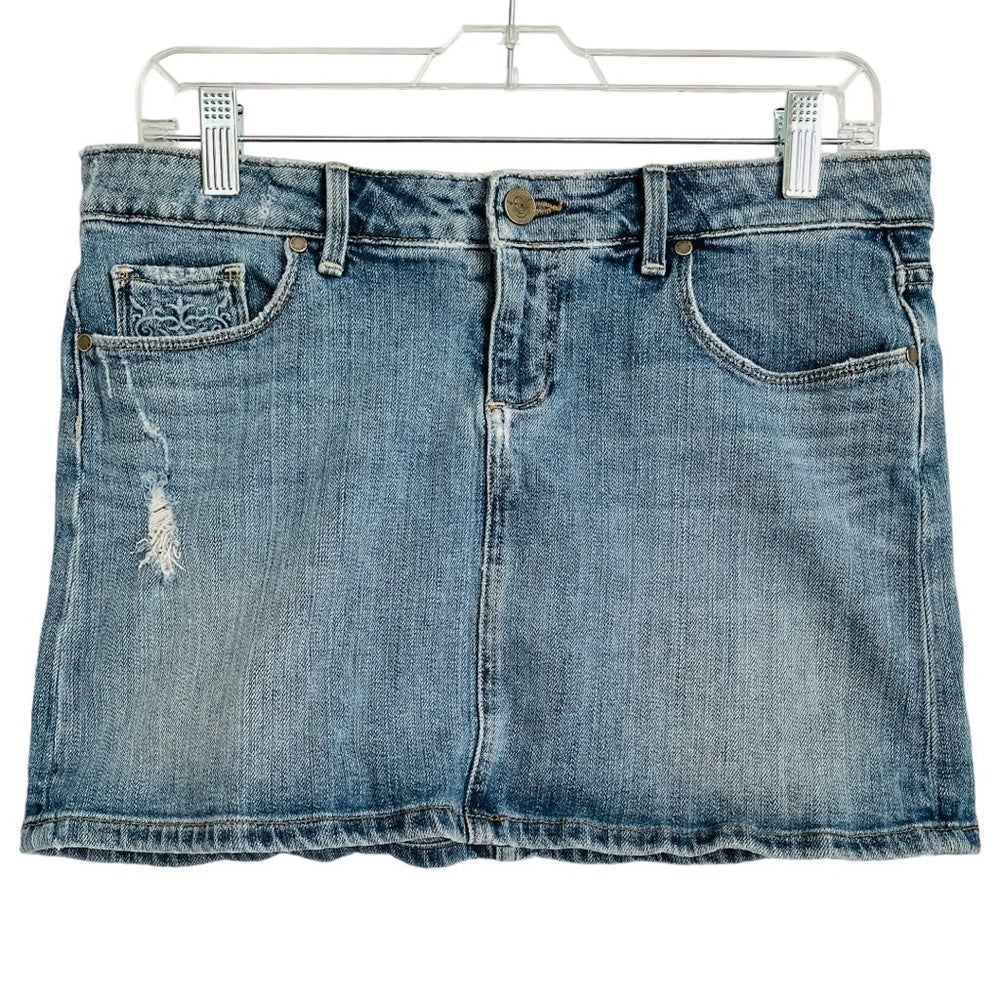 Paige Y2K Jean Mini Skirt Size 29 4 Pocket Distressing Button Zip Light Wash