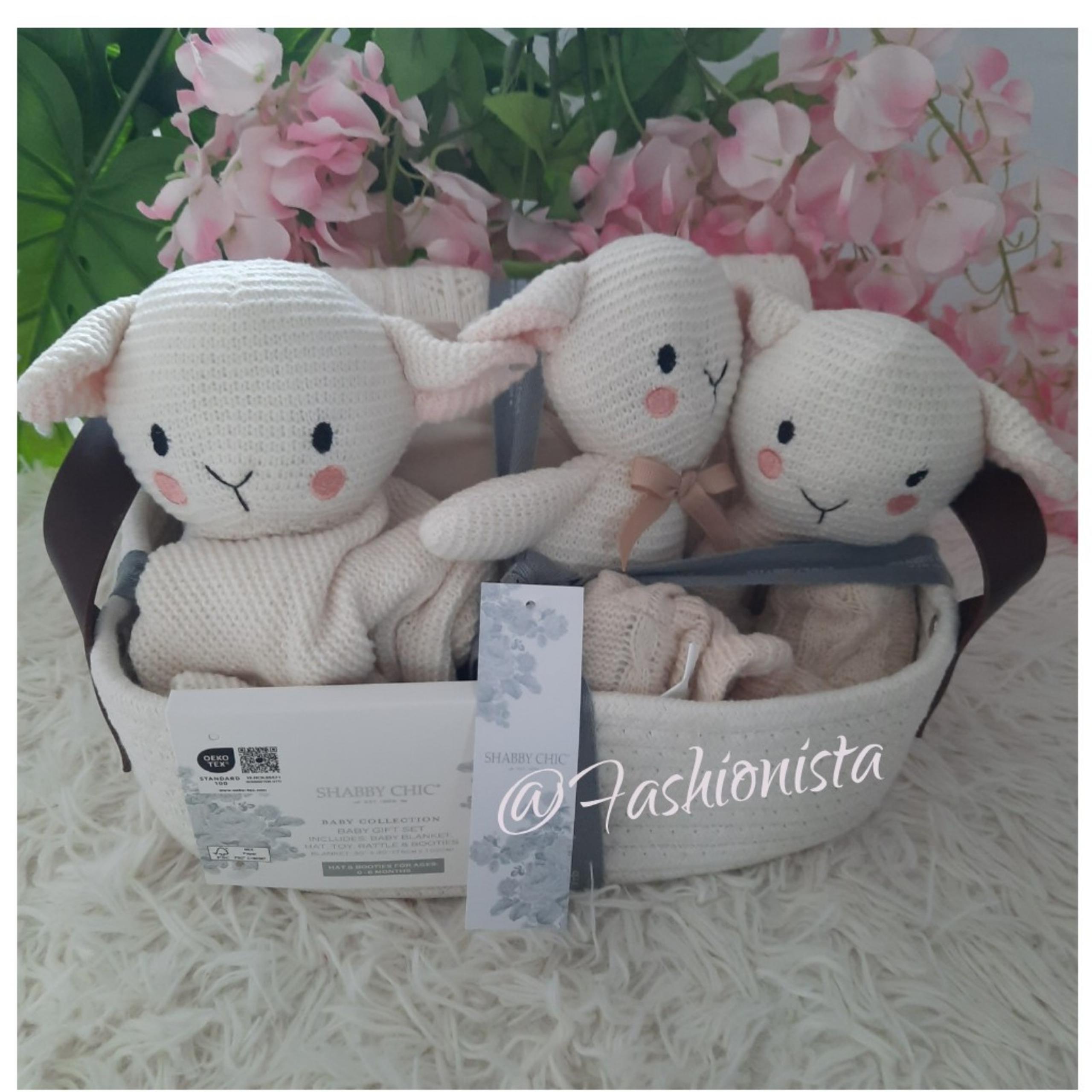 NEW Shabby Chic Newborn Baby Basket Gift Set 7 pieces. Toy, blanket, booties