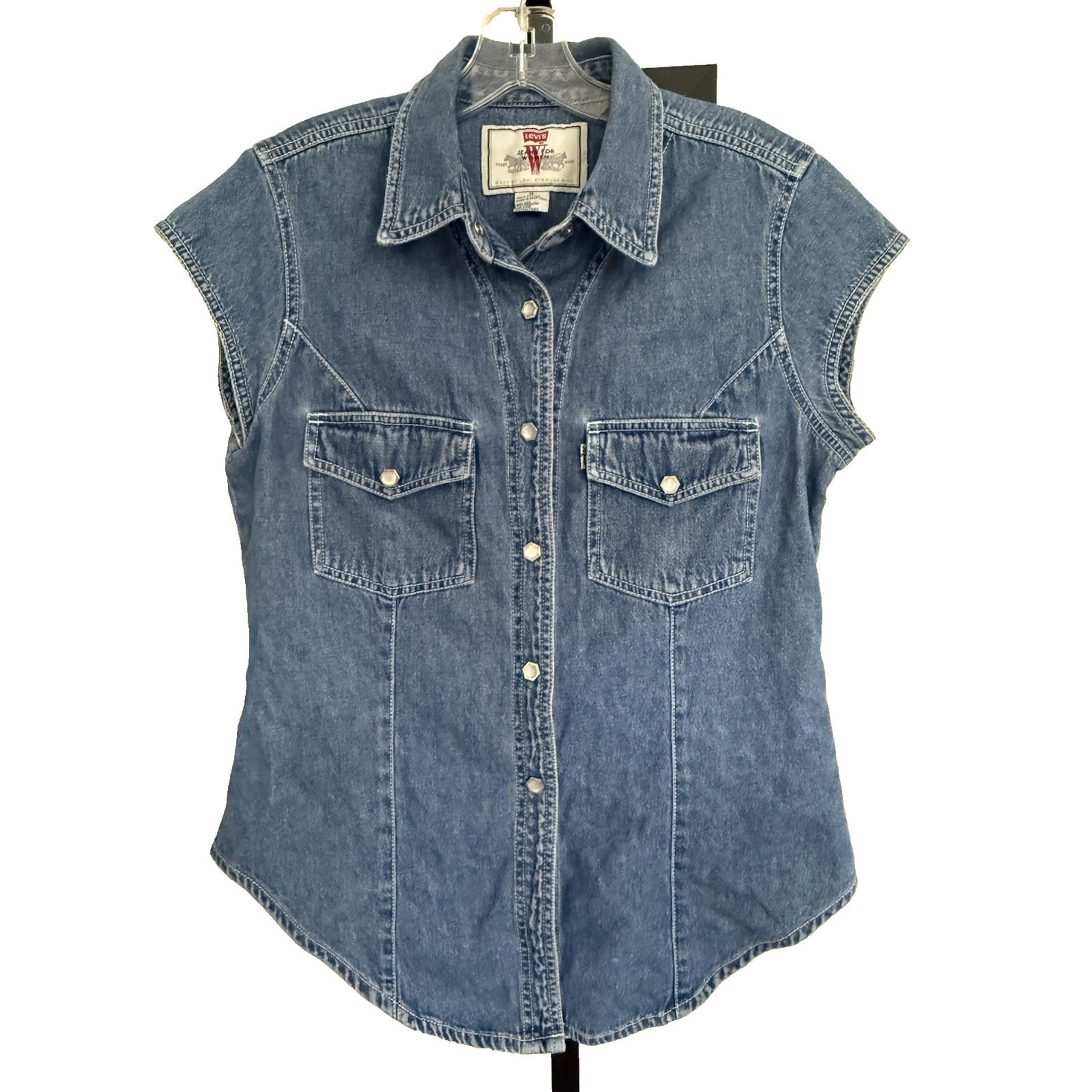 Vintage 90s Levis Hexagon Pearl Snap Cap Sleeve Blue Jean Western Shirt Size M