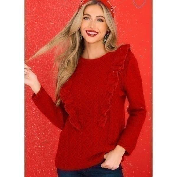 See and Be Seen Fire Away Ruby Red Sweater Ruffle Front Metallic Trim M
