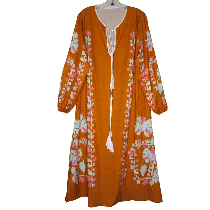 Womens 3XL Caftan Kaftan Orange Pink Floral Design Long Sleeve V Neck Pullover