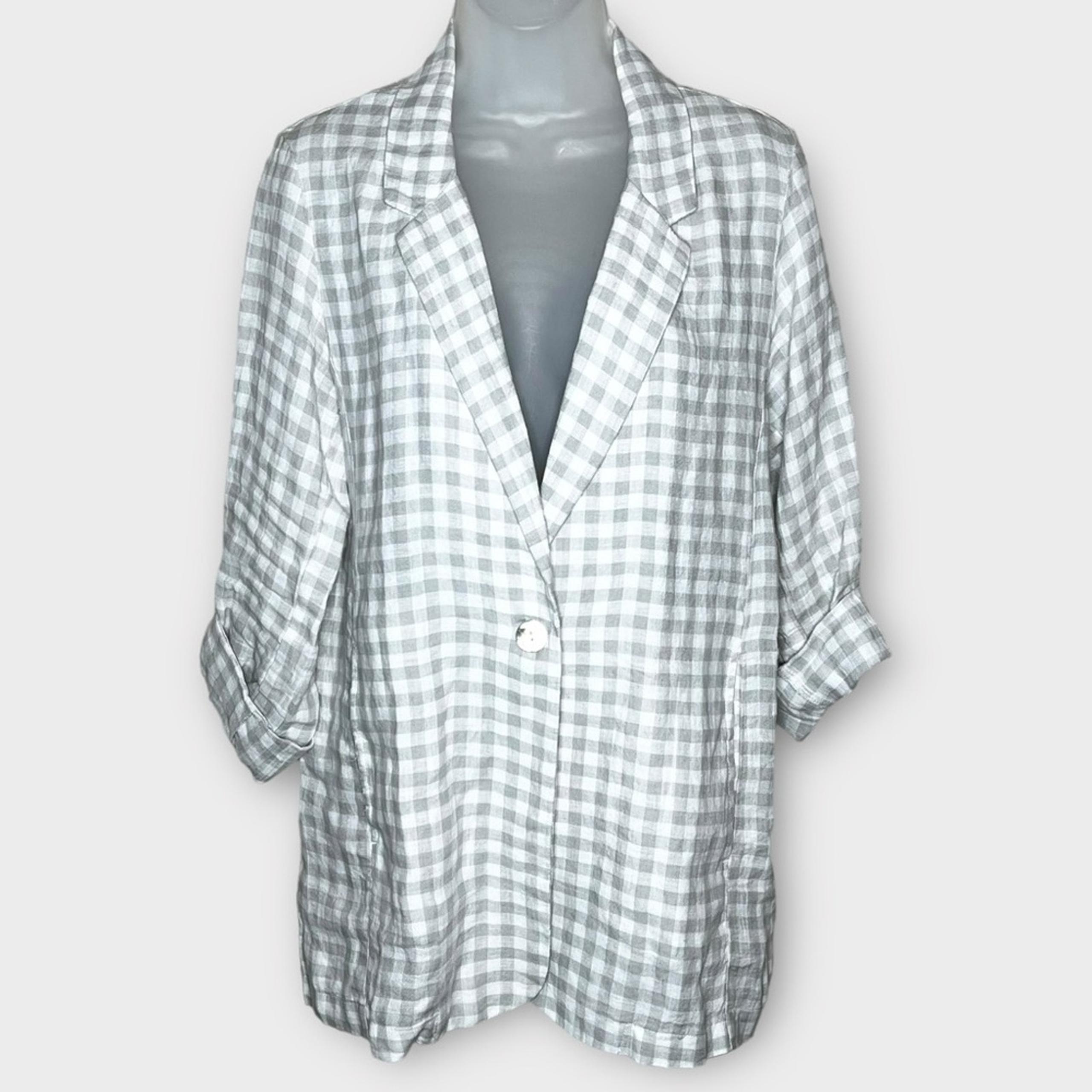 CYNTHIA ROWLEY 100% linen tan & white gingham check long line blazer size medium