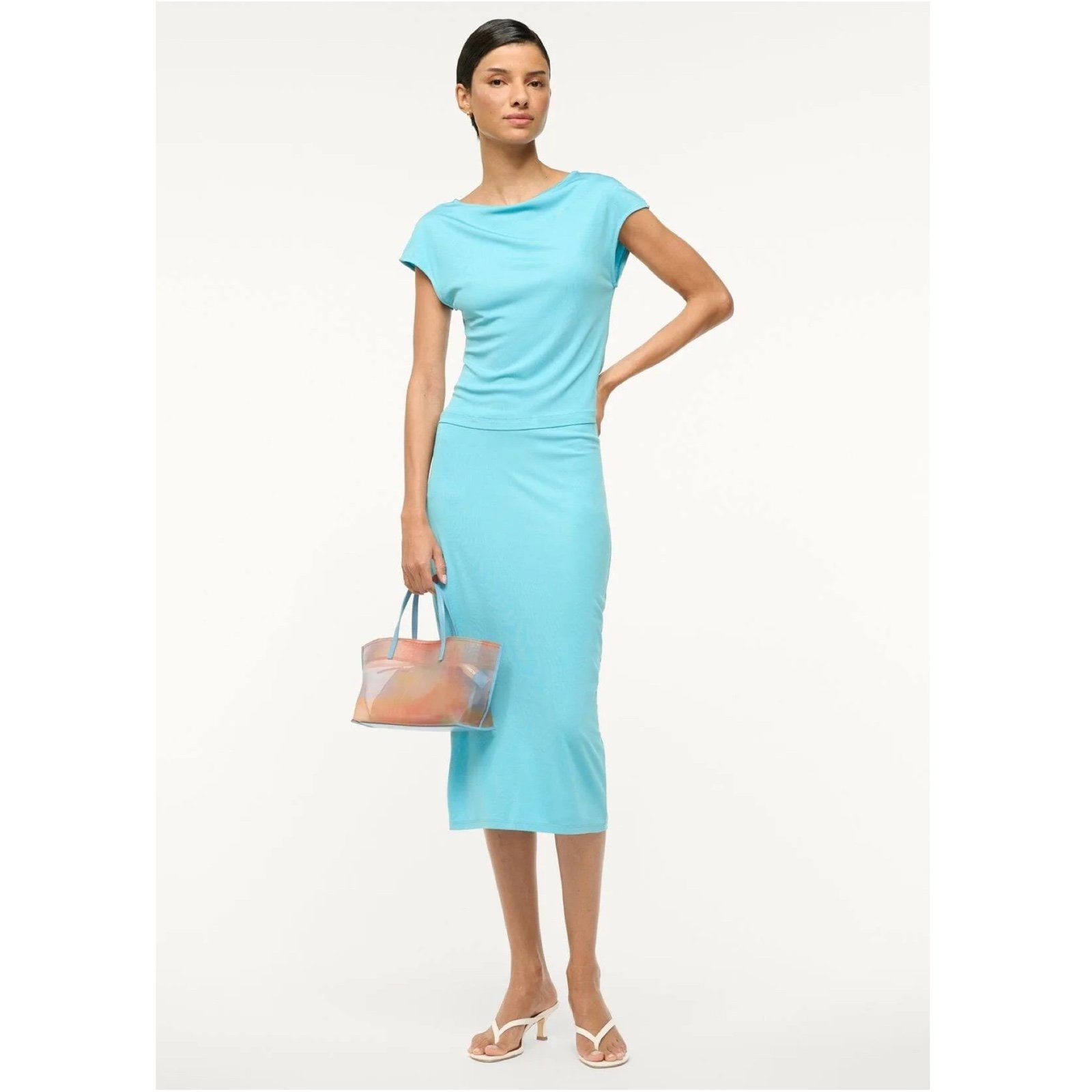 STAUD Chana Pencil Jersey Midi Skirt, Aqua, Large