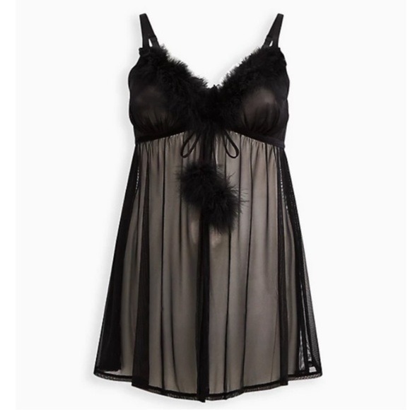 TORRID NWT BABYDOLL TOP - MESH MARABOU TRIM BLACK SIZE 4X