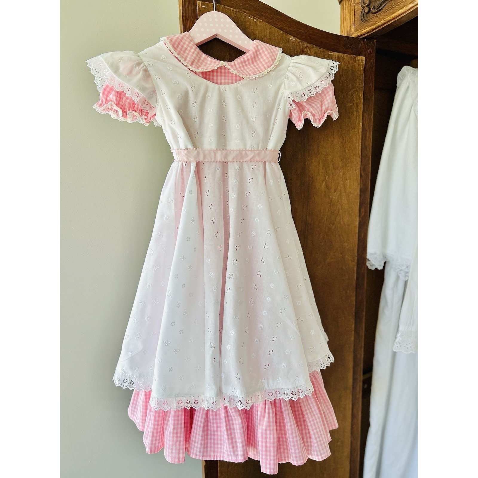 Vintage Handmade Easter Pinafore W/ Bloomers 3 Pc Dress Girls 6-8 Pink Gingham