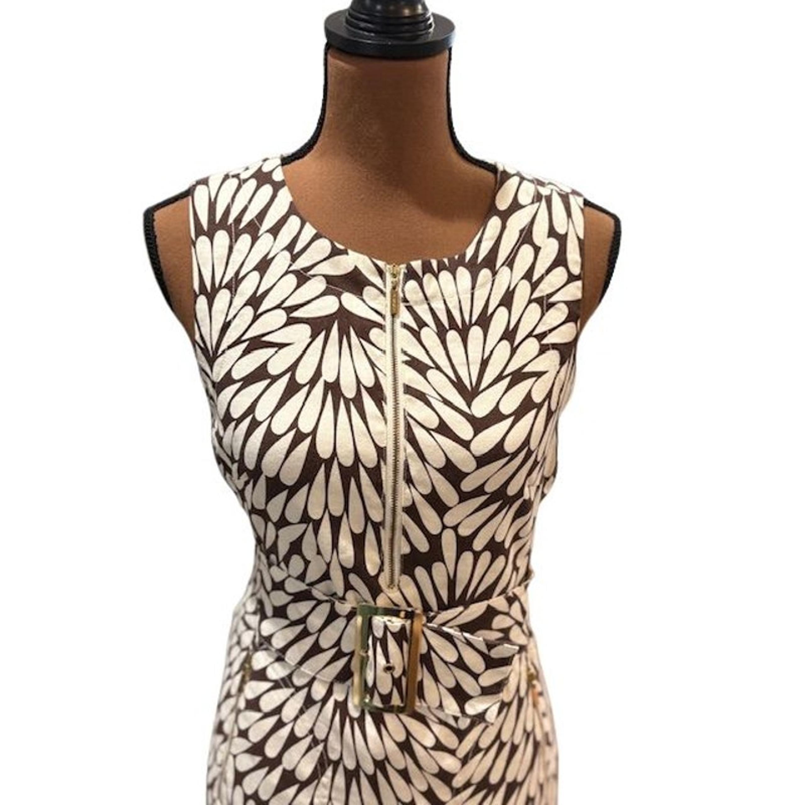 Tory Burch Brown & White Sleeveless Linen Mini Dress with Gold Belt Accent