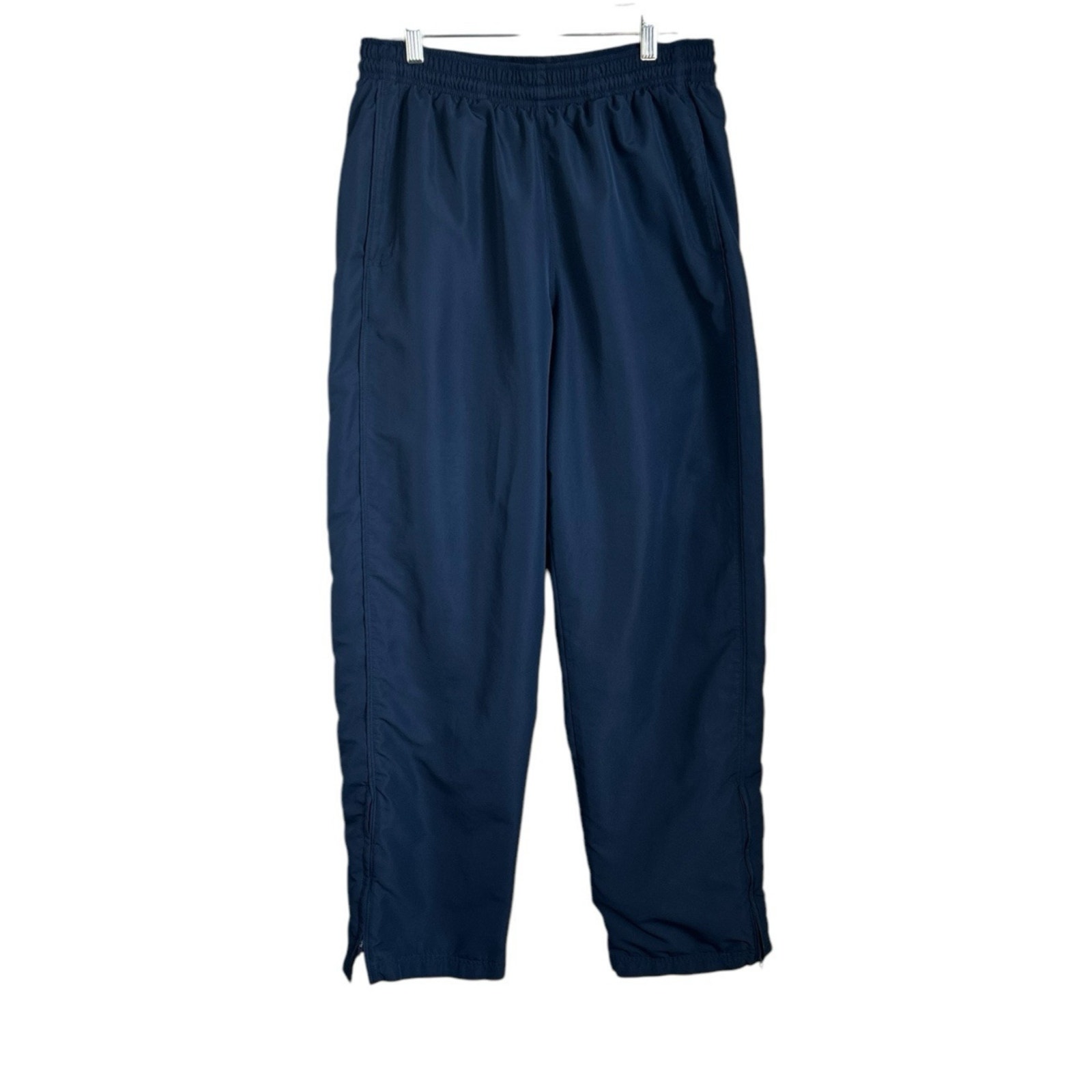 Vintage Nike Track Lg Pants Navy Blue Nylon Jersey Lining Pockets Zip Cuffs Y2K