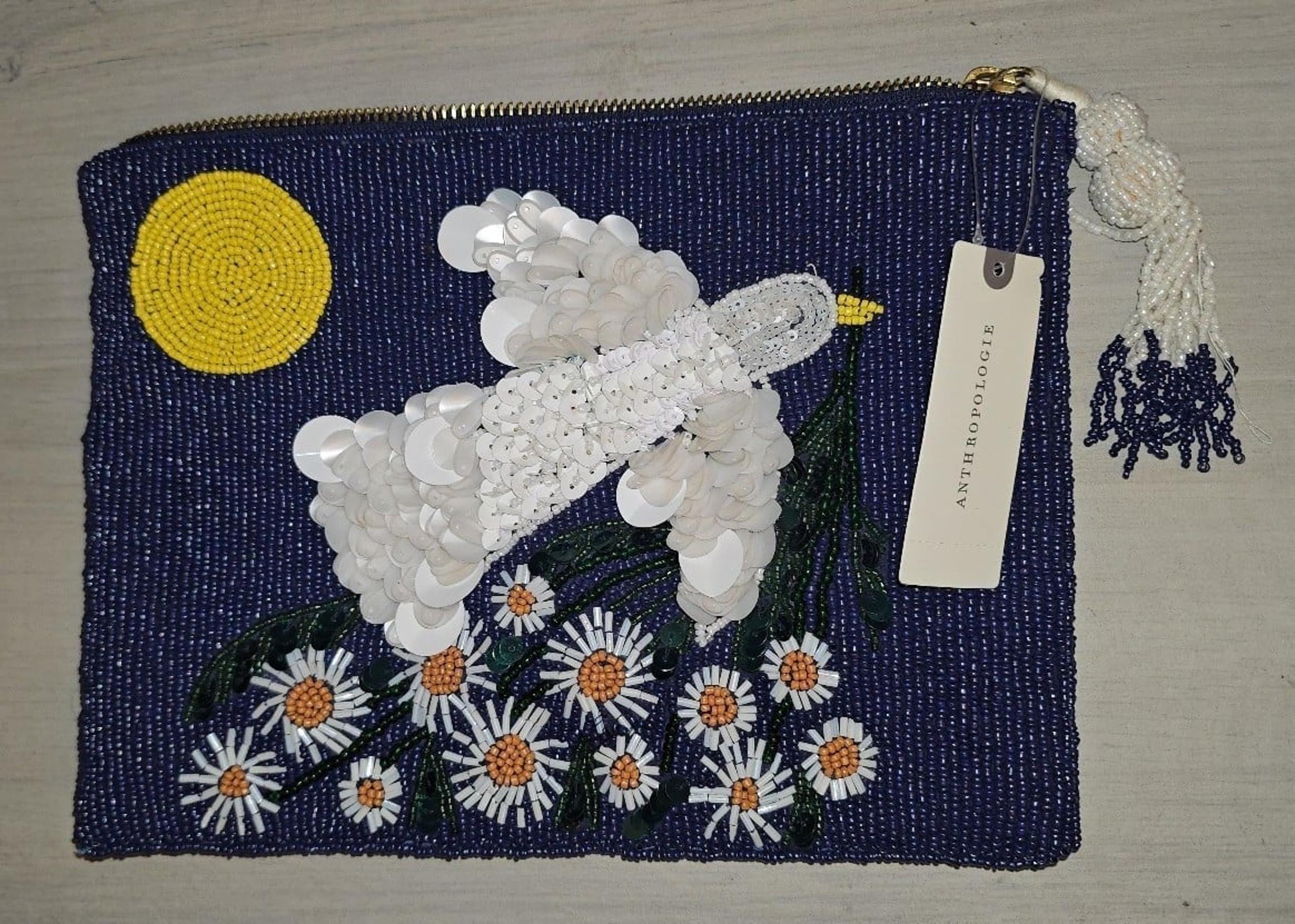 Anthropologie Anisa Makhoul Beaded Pouch Embellished Top-Zip Dove Navy Blue NEW
