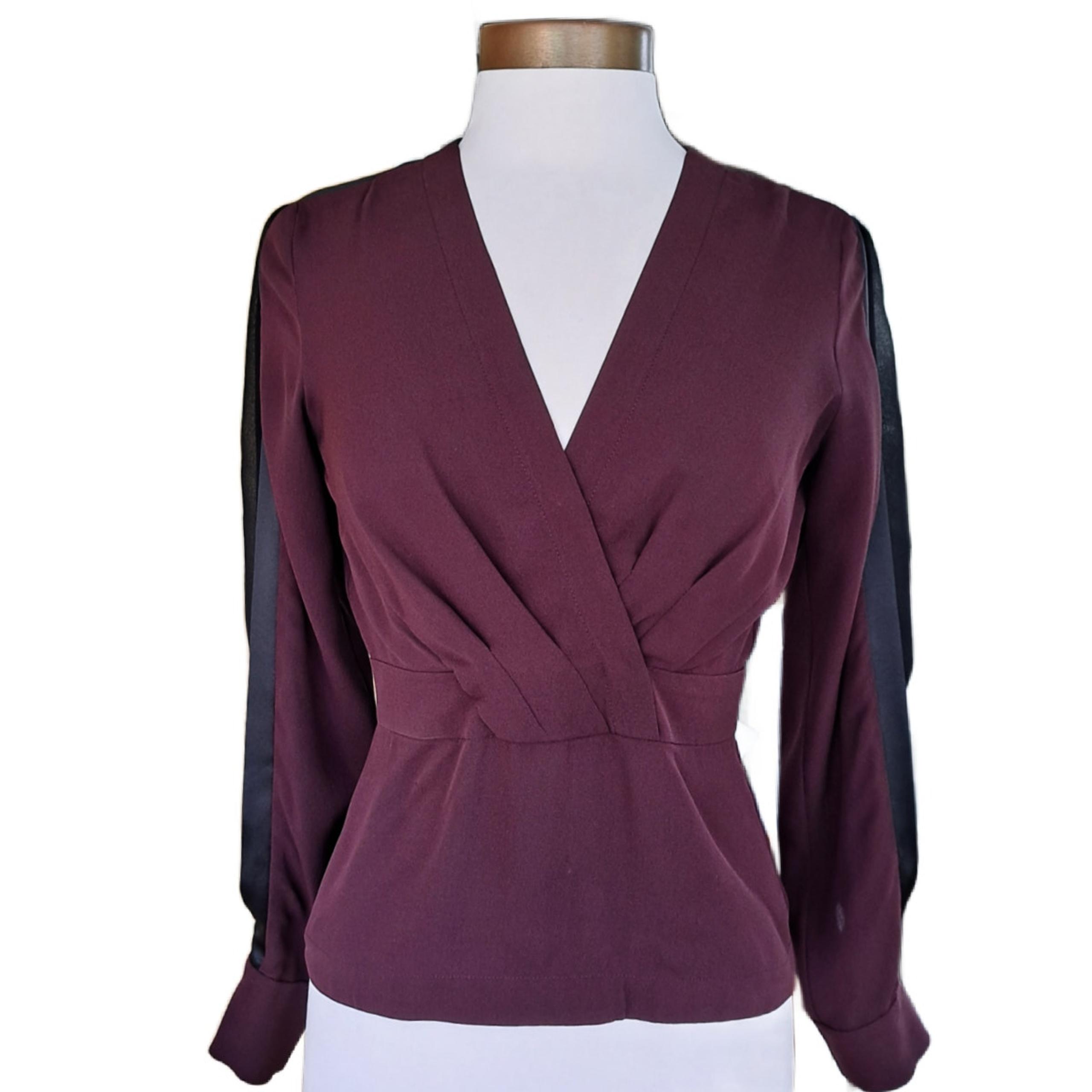 V-neck Silk Blouse Size 0 Merlot Long Sleeve Black Contrast - Yigal Azrouel