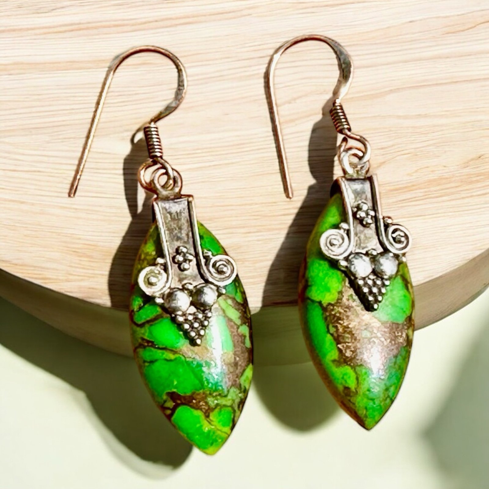 Vintage Sterling Silver Green Mojave Copper Turquoise Dangle Fancy Statement Ear