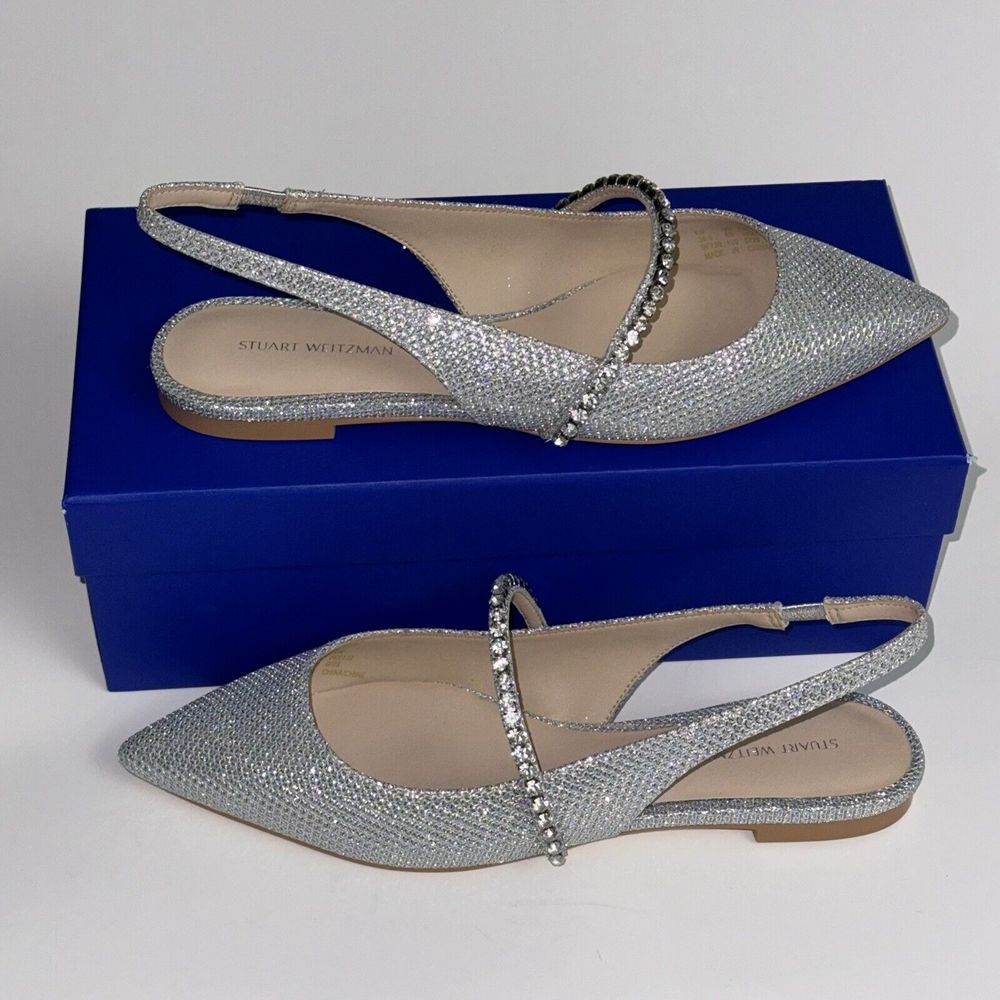 STUART WEITZMAN Crystalline Embossed Slingback Flats Crystal Silver Sz 8 NEW