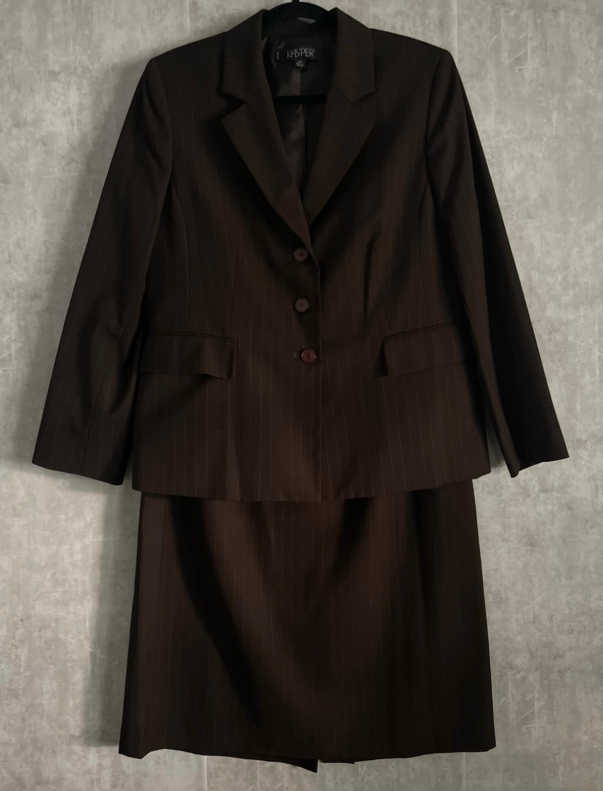 KASPER 2PC Brown Wide Pin Stripe Polyester Blend Jacket/Blazer Suit Set Sz 14P