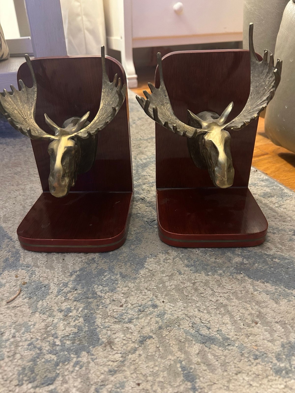 Vintage Moose Head Brass Bookends Mounted on Cherry Type Wood- Great City Trader