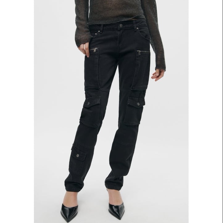 NWT Zara Zw Collection Slim Mid Waist Cargo Black Jeans Size 2