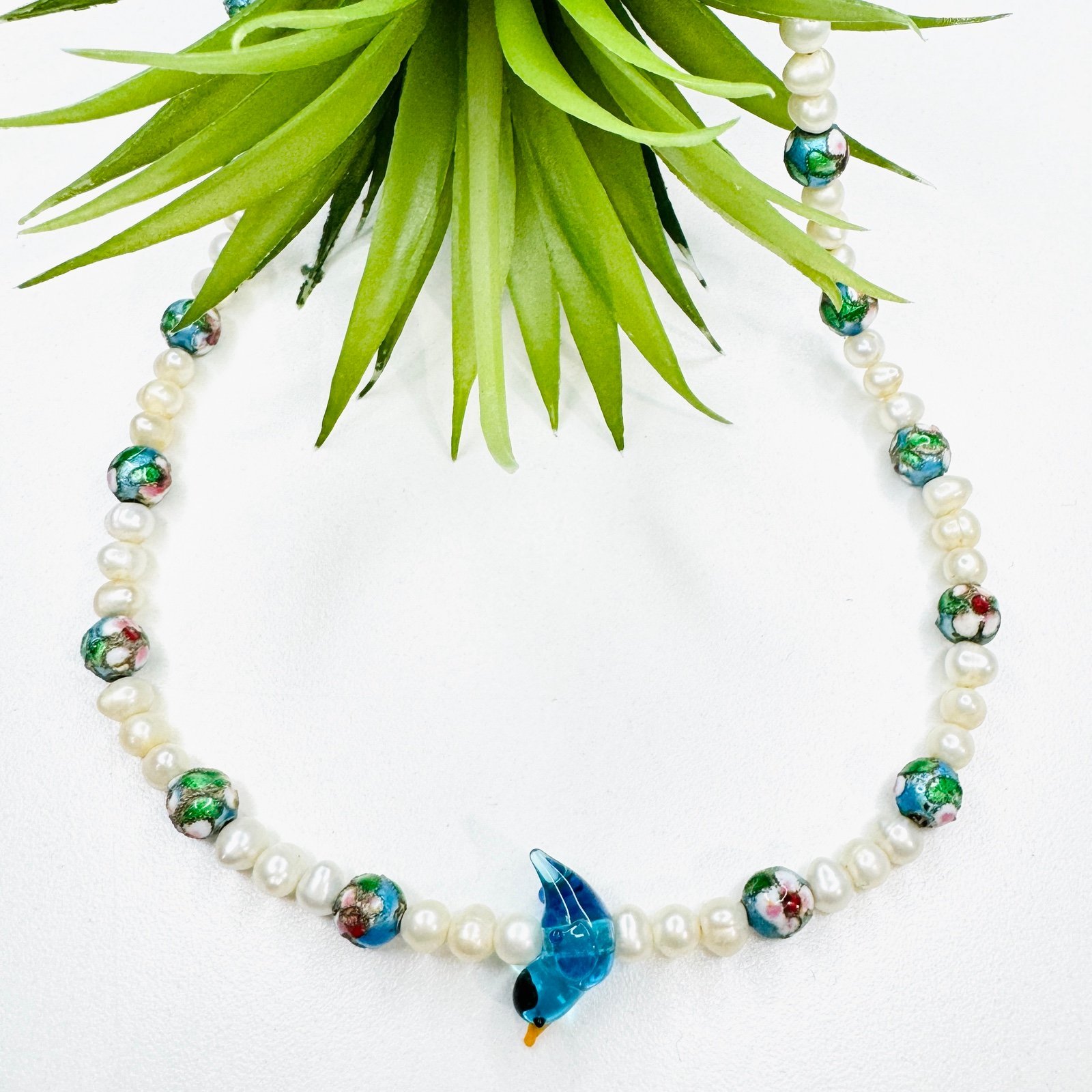 Vintage White Genuine Pearl, Floral Cloisonné, & Blue Bird Glass Beaded Necklace