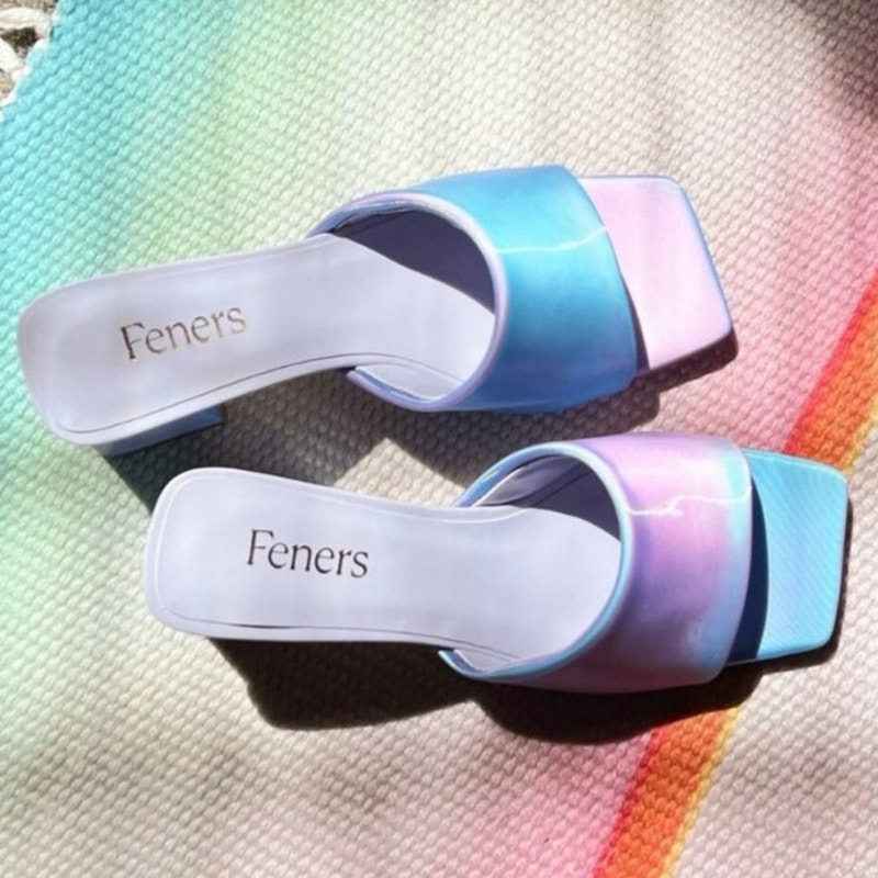 Feners Rainbow Vegan Le Mule Iridescent Purple & Blue Club Rat Y2K Block Heels