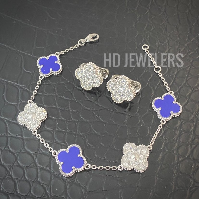 2P Set Solid 925 Silver Clover Blue Lapis Lazuli W/Lab-Diamond Bracelet & Earrin
