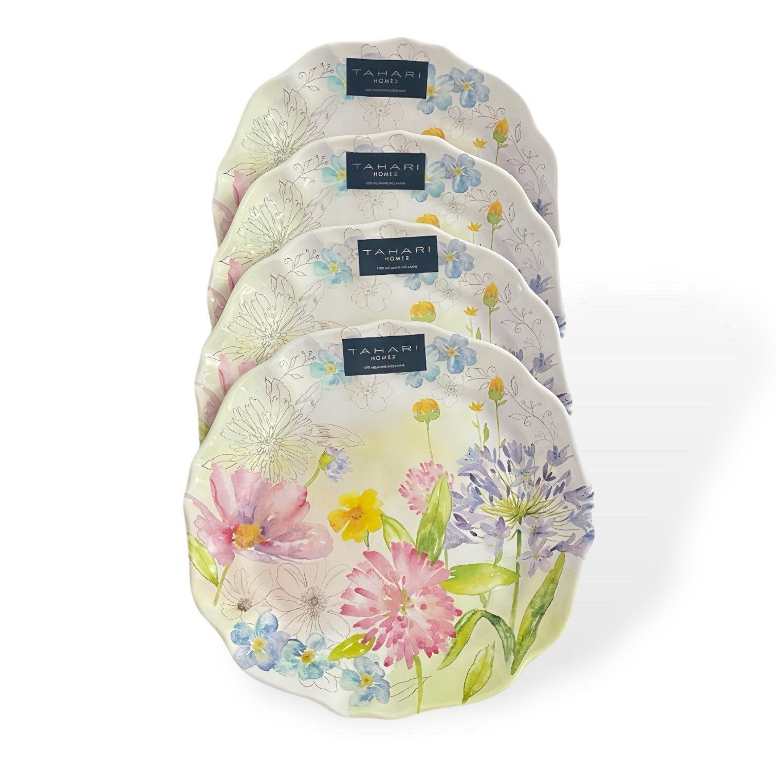 Tahari Floral Salad Plate Melamine Scalloped Edge 4pc Spring Summer Easter Decor