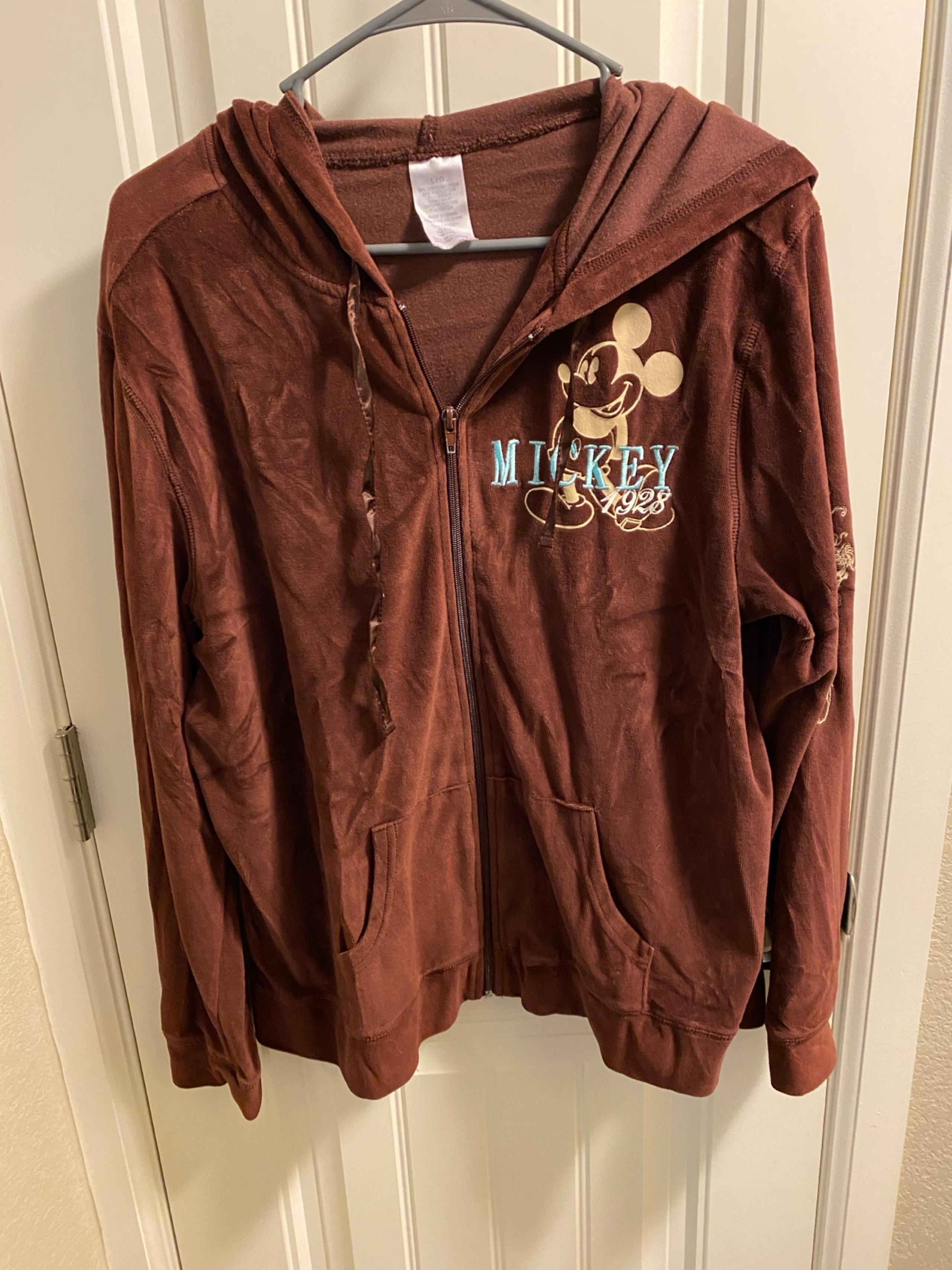 Disney L Zip Jacket Mickey Mouse Hoodie Velvety Feel Sweatshirt Large Lg Brown