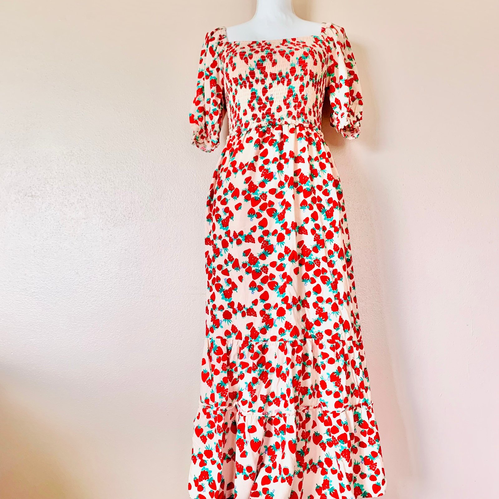 Betsey Johnson Pink Red Strawberry Smocked Tiered Dress.