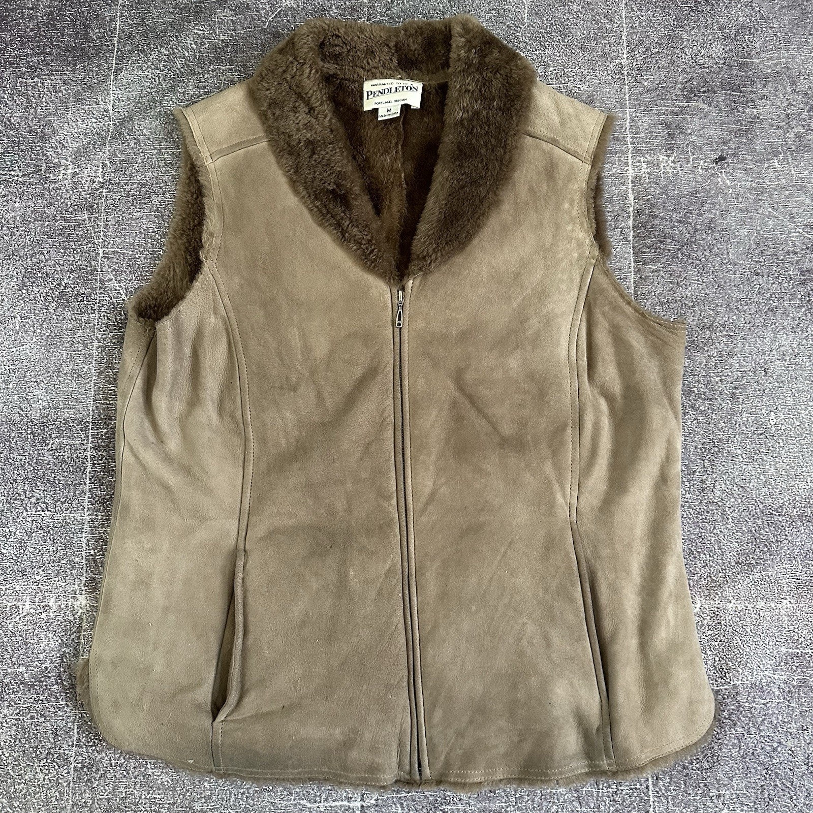 Women's Vintage Y2K Pendleton Suede Sheared Lamb Fur Lined Zip Vest Jacket Sz M