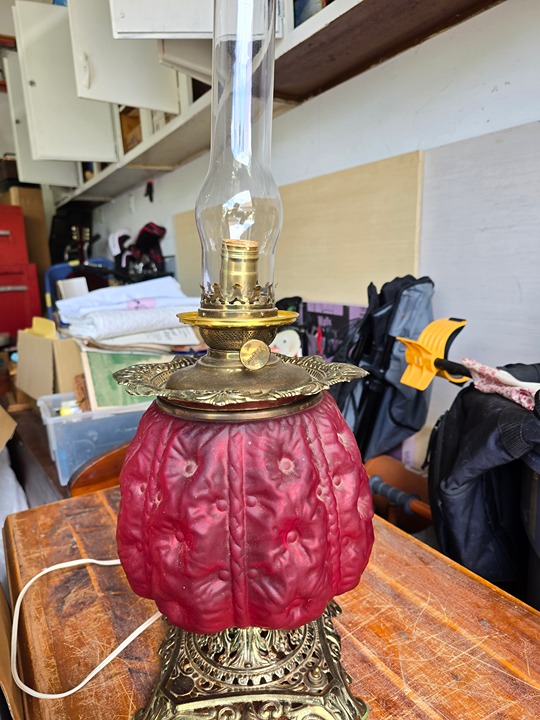 Rare Antique Pittsburgh Success Ruby Satin Glass Hollyhock GWTW Parlor Electric