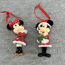 Disney Park Mickey & Minnie Mouse w/ Gift Christmas Bell 2017 Porcelain Ornament