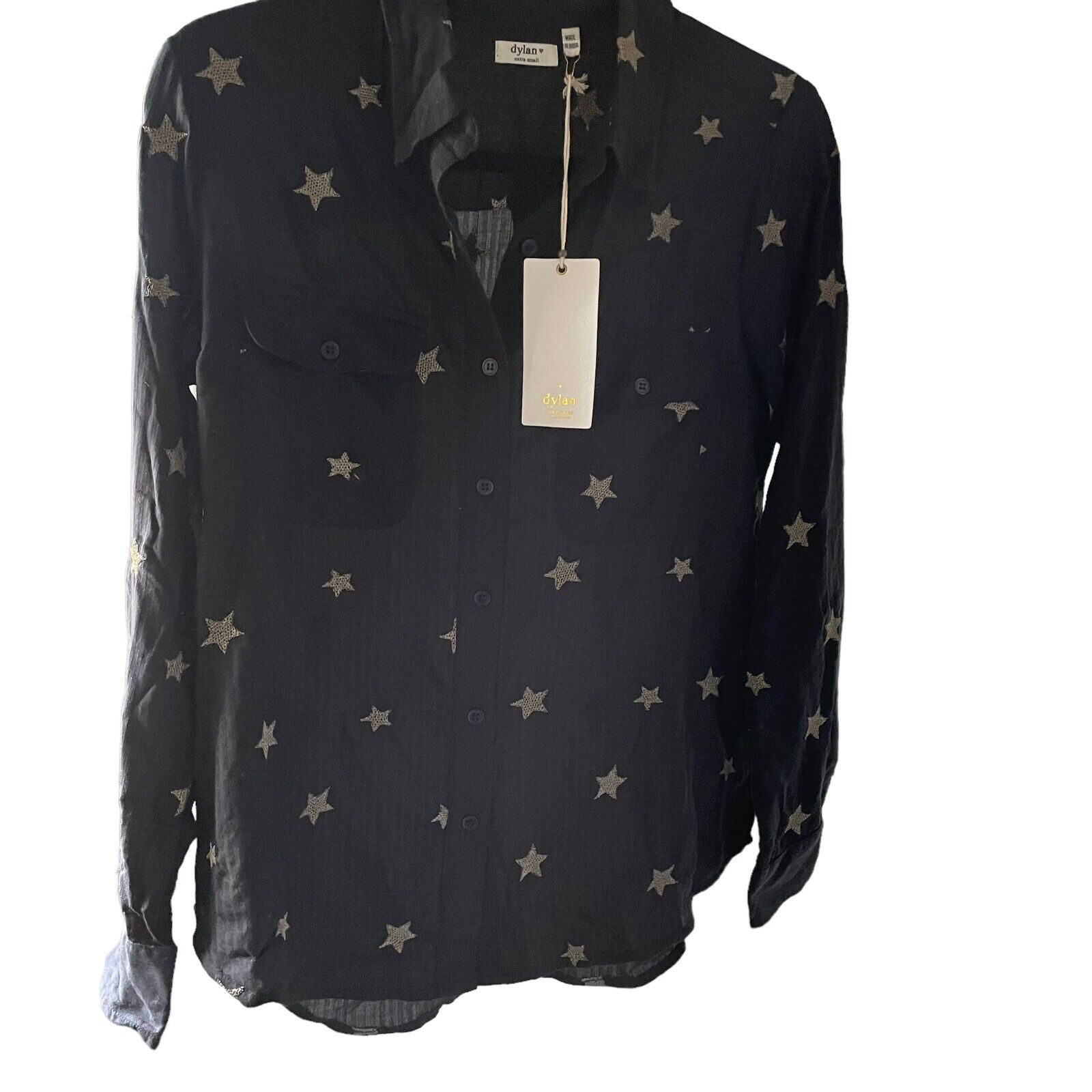 Shirt Top Dylan Black long sleeve sheer embroidered with gold stars Size XS