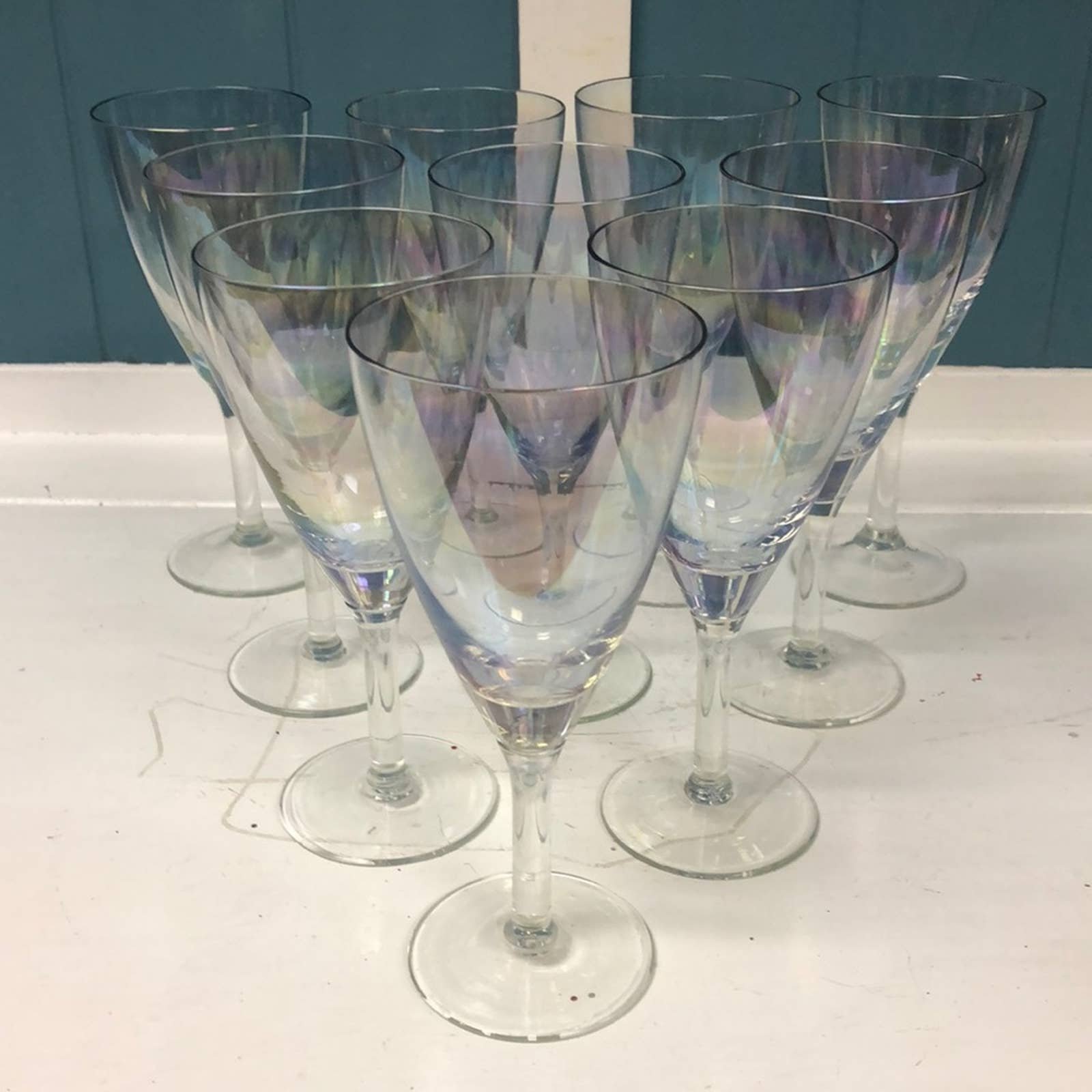 Set of 10 Vintage Iridescent 6.5” Wine Water Glasses rainbow stemware cocktail