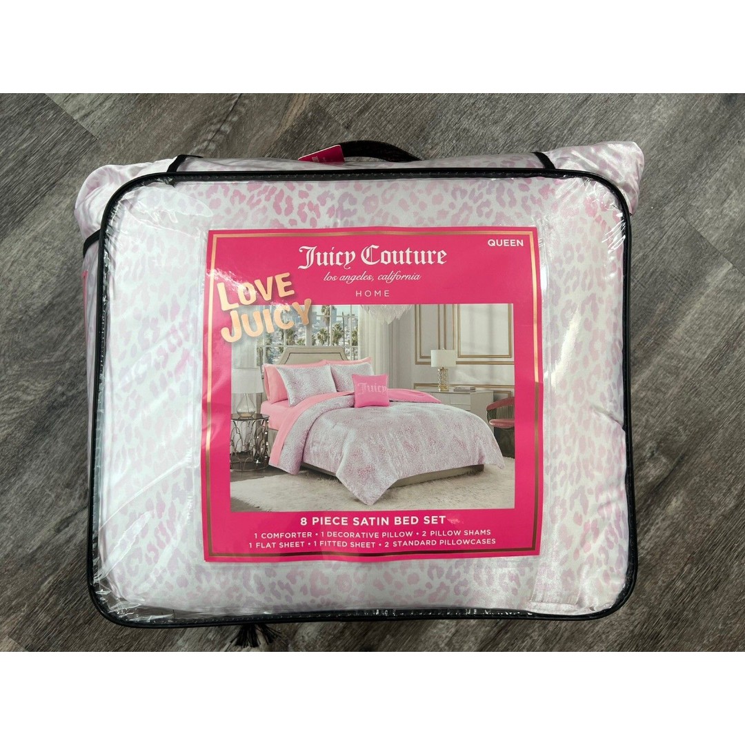 Juicy Couture Pink Leopard Satin QUEEN 8pc Set Comforter Shams Sheet Set Pillow