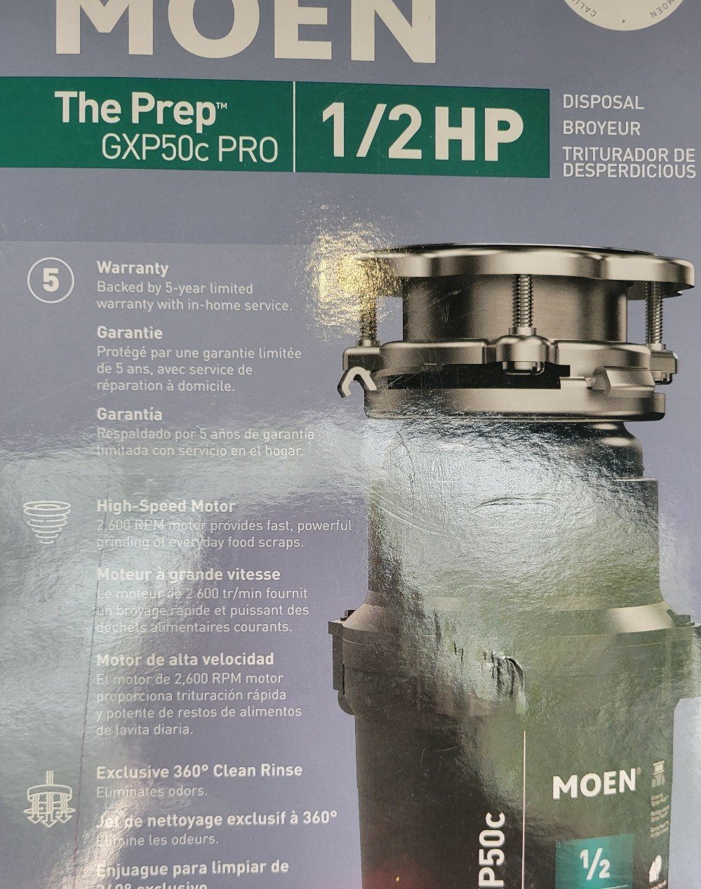 Moen Prep Under Sink Food Disposer, Corded 1/2-HP