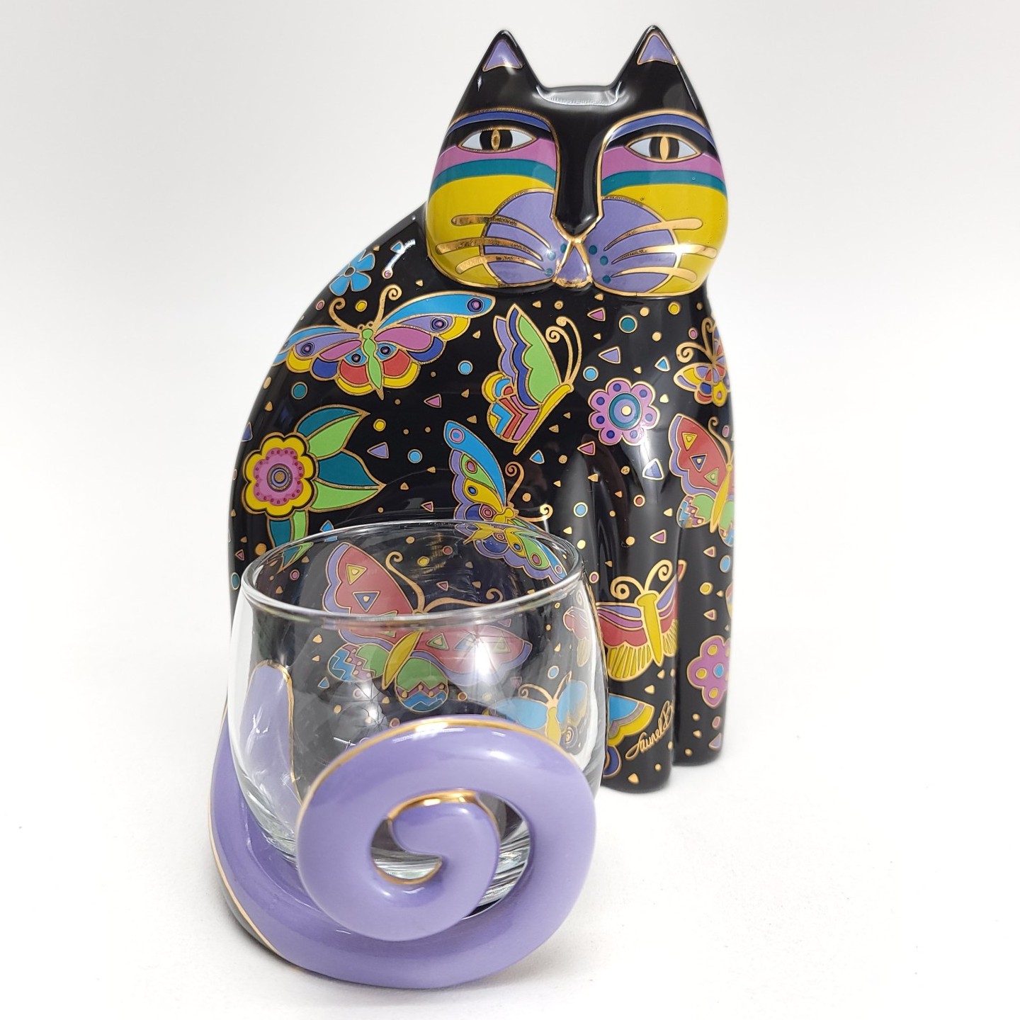 Vintage Laurel Burch Black Cat Votive Candle Holder Butterfly Porcelain 1998