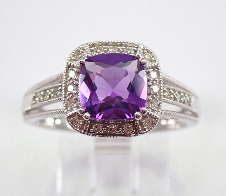 White Gold Amethyst and Diamond Halo Engagement Ring