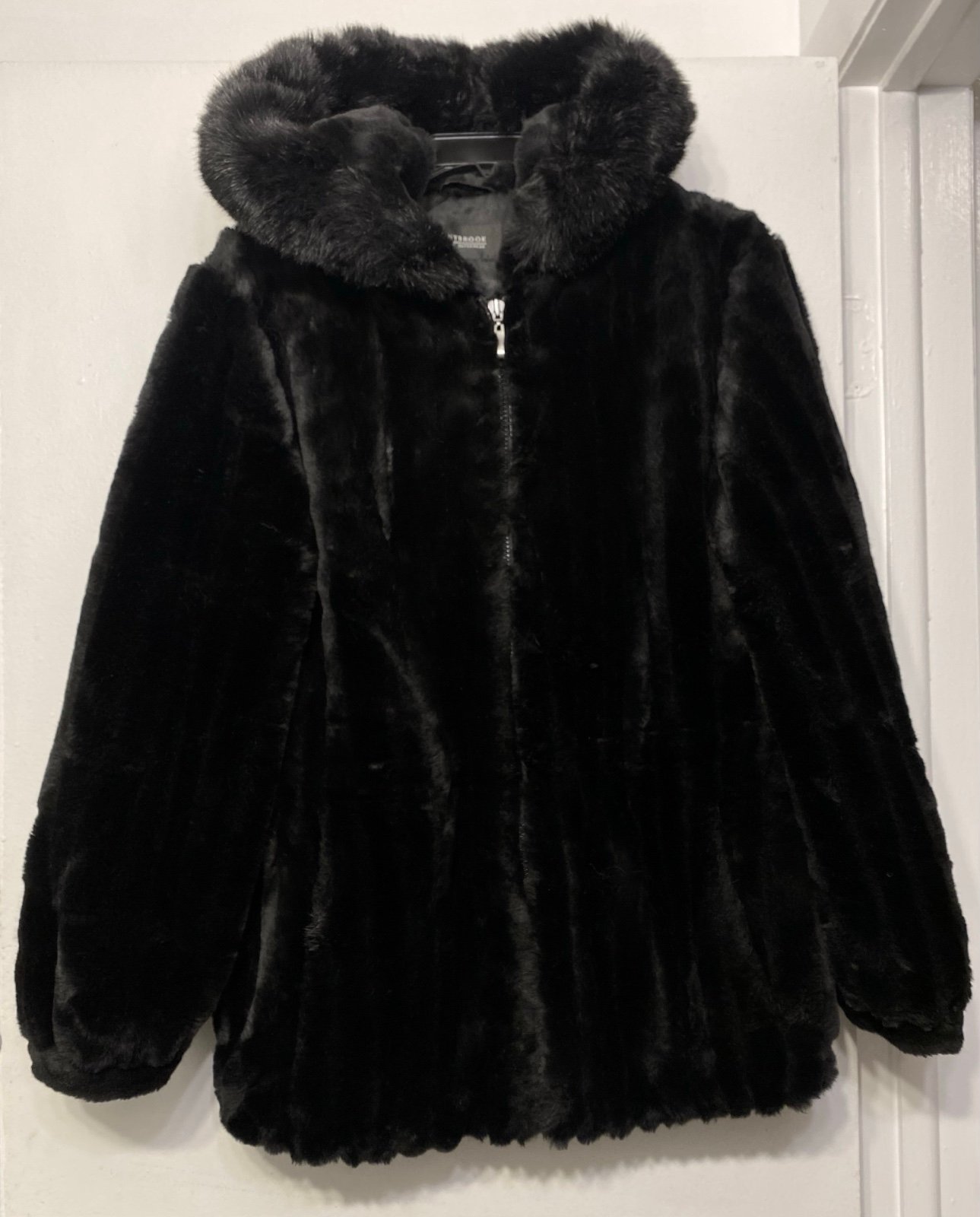 Donnybrook Vintage Gorgeous Black Faux Fur Jacket Zip Hooded Coat Women Medium