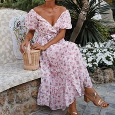 Alamour The Label Jaida Floral Puff Sleeve Ruffle Hem Maxi Gown Dress Pink XL