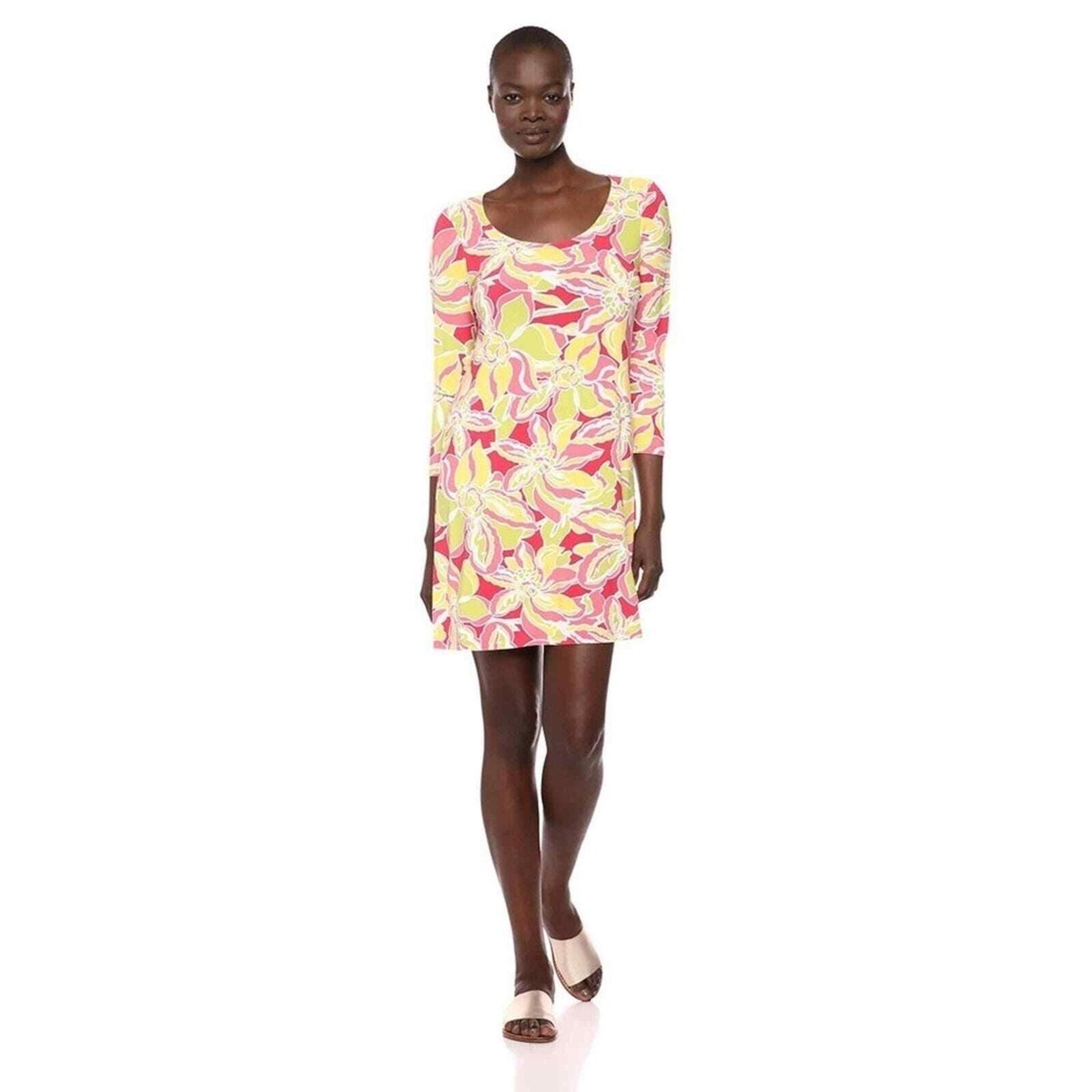 Pappagallo Erin Floral Shift Dress Mixed Melon Large Stretch Resort Beach Summer
