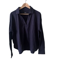 Garnet Hill Navy Blue Organic Green Cotton Long Sleeve Boxy Polo Size L NWT