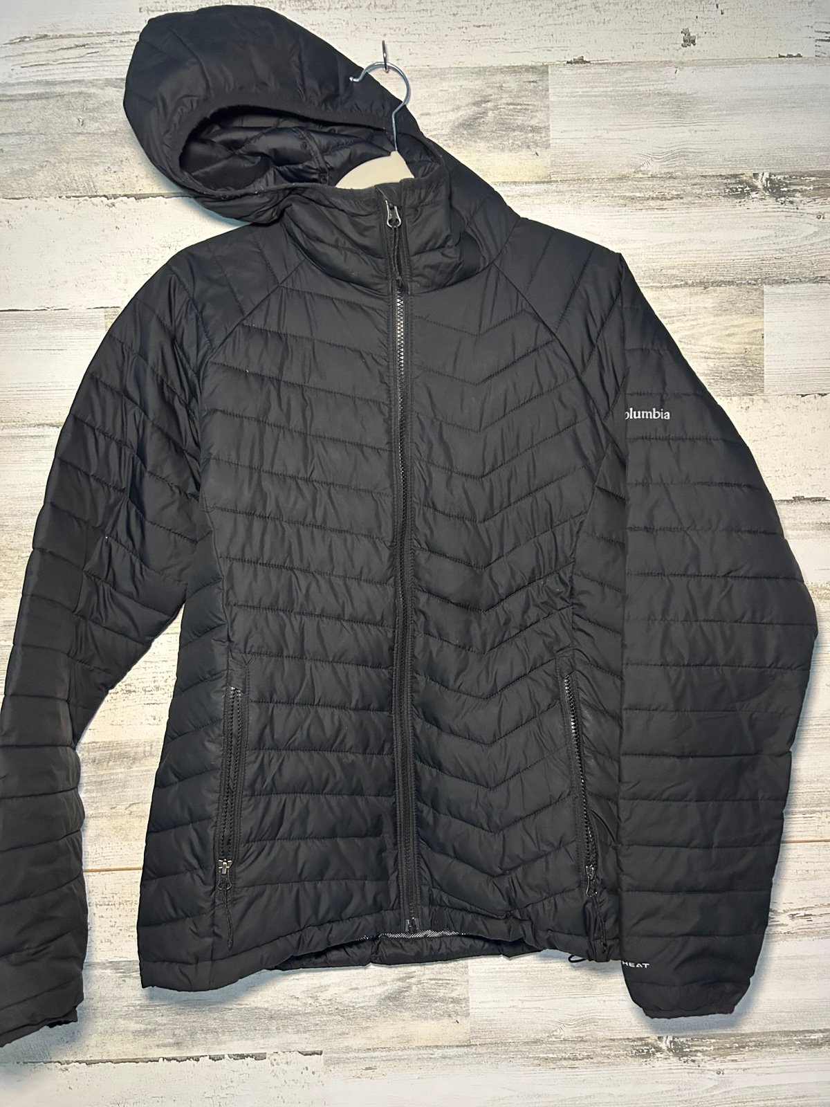 Hooded Columbia Black Quilted Zip Up Jacket L