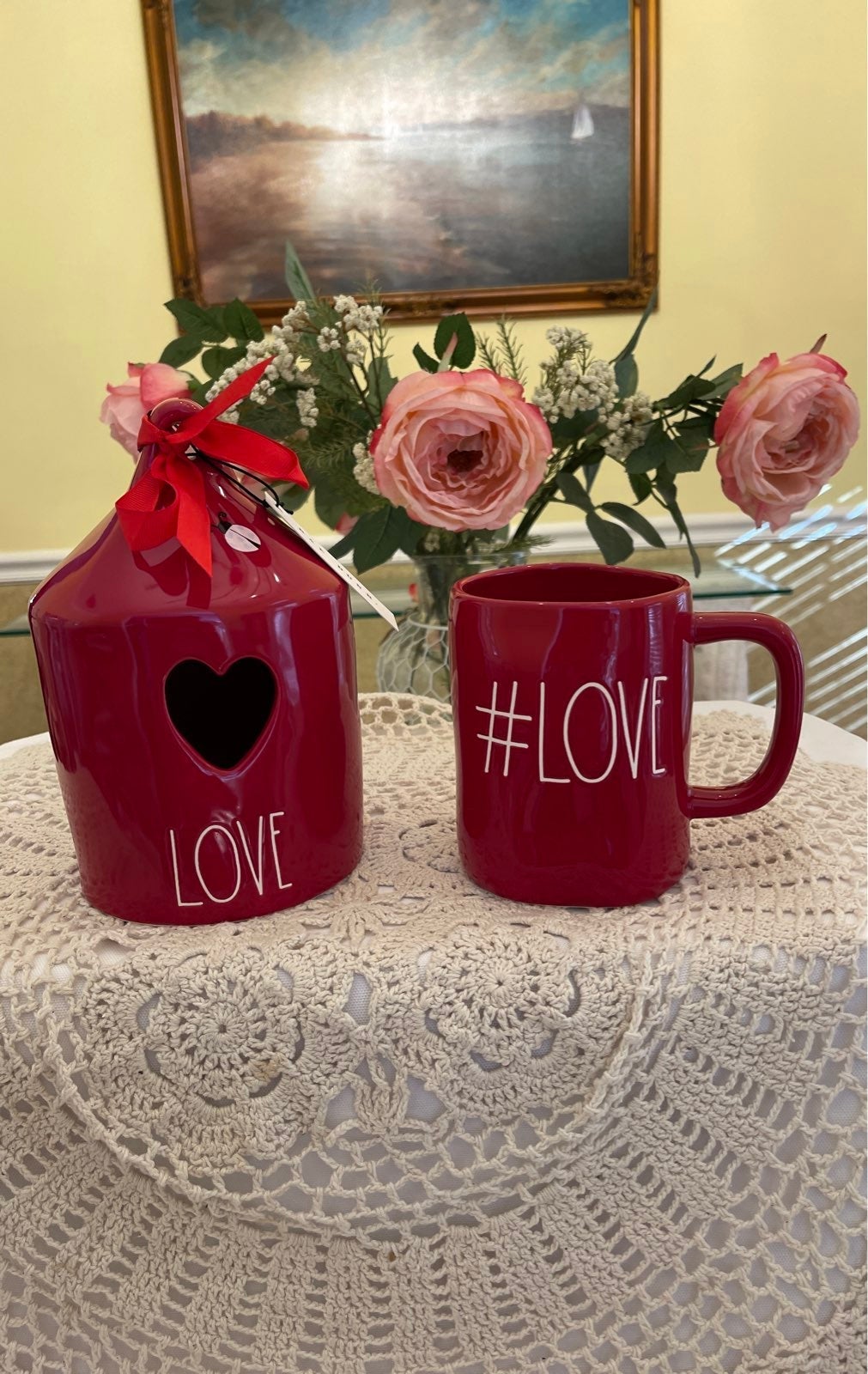 Rae Dunn Red Valentine Birdhouse LOVE & #LOVE Mug