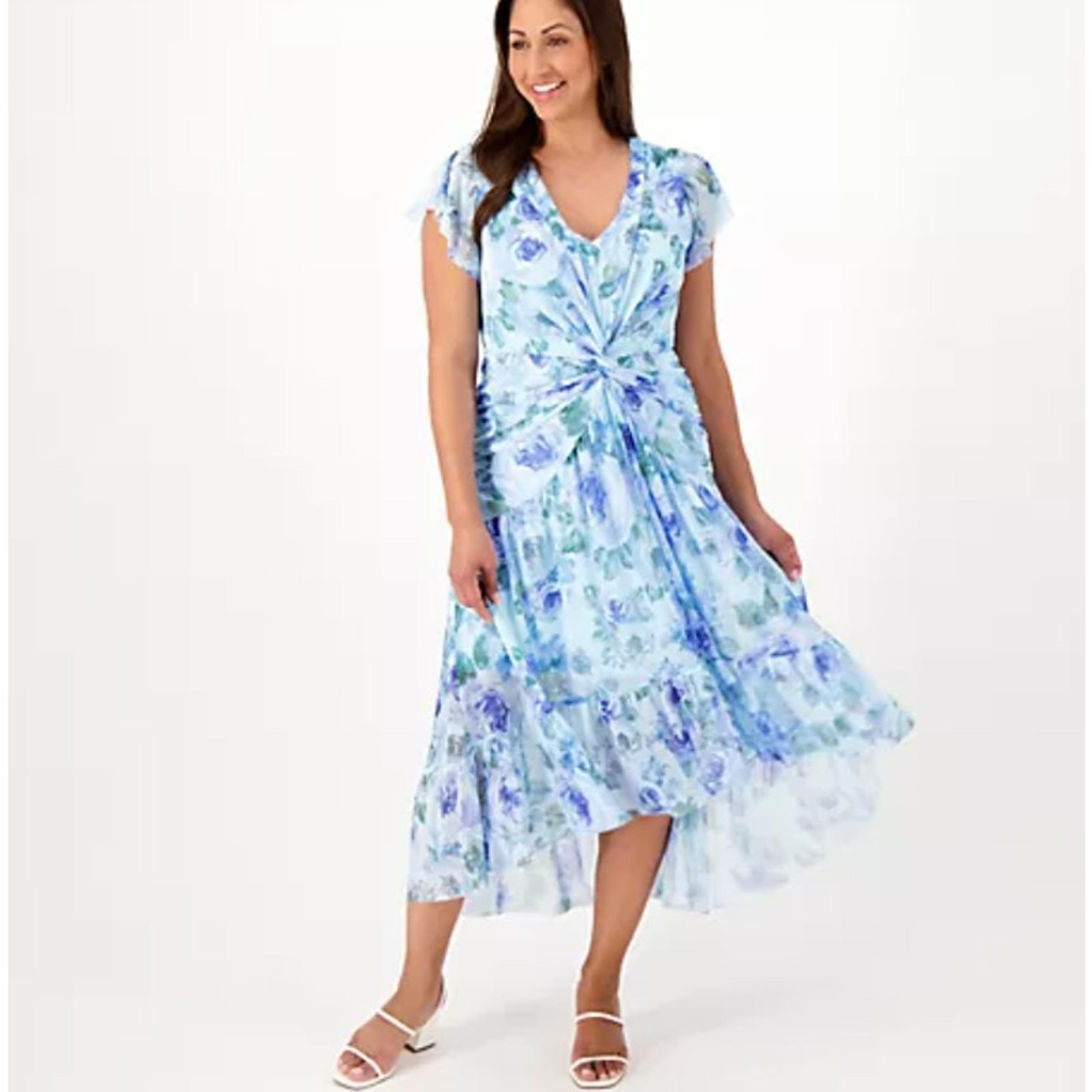 Isaac Mizrahi Women’s Mesh Midi Dress Blue Floral Print Ruched Size 1X Petite