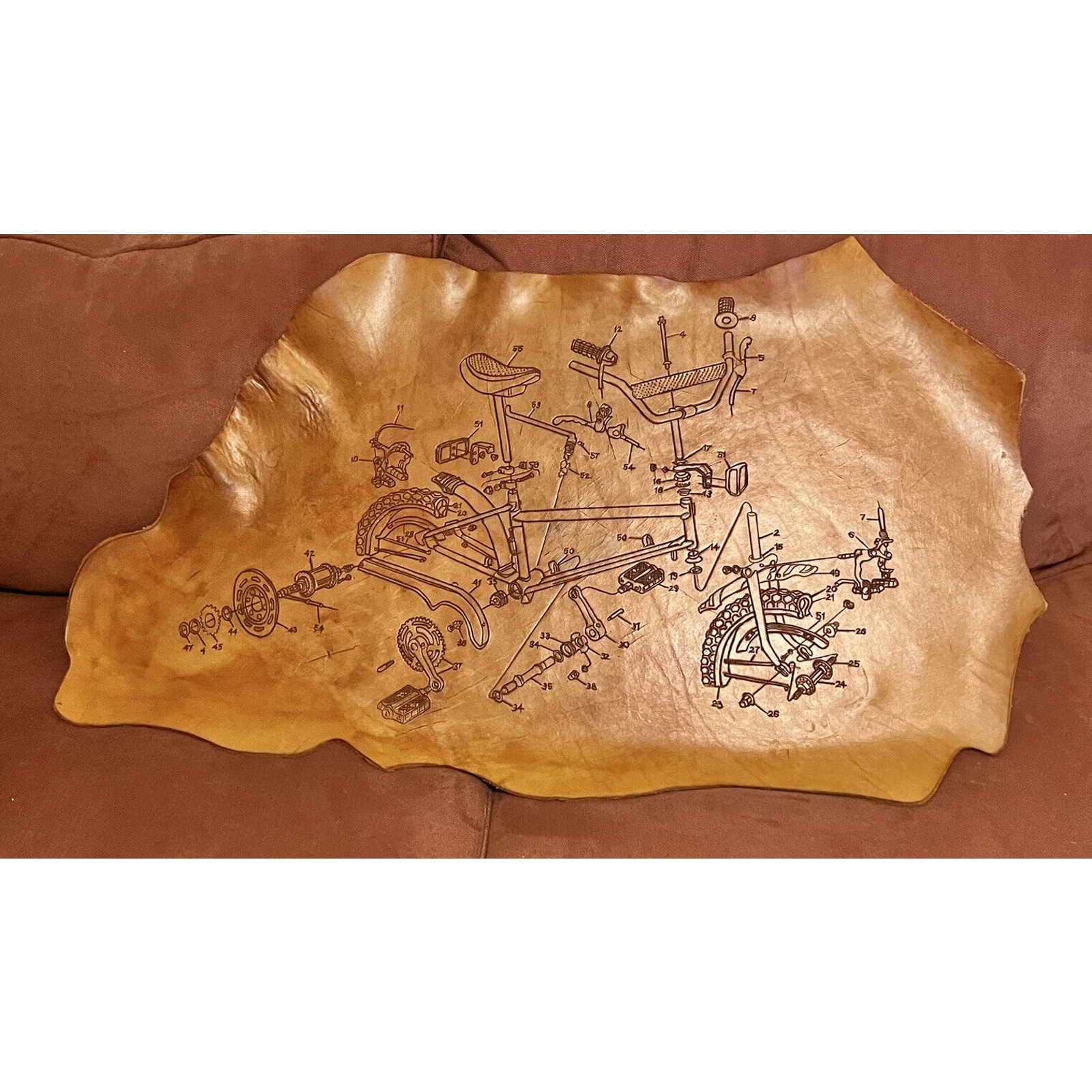 Scott M Horn Bike Schematic Relief Carved Leather 37x22x2 Signed 2012 Unique