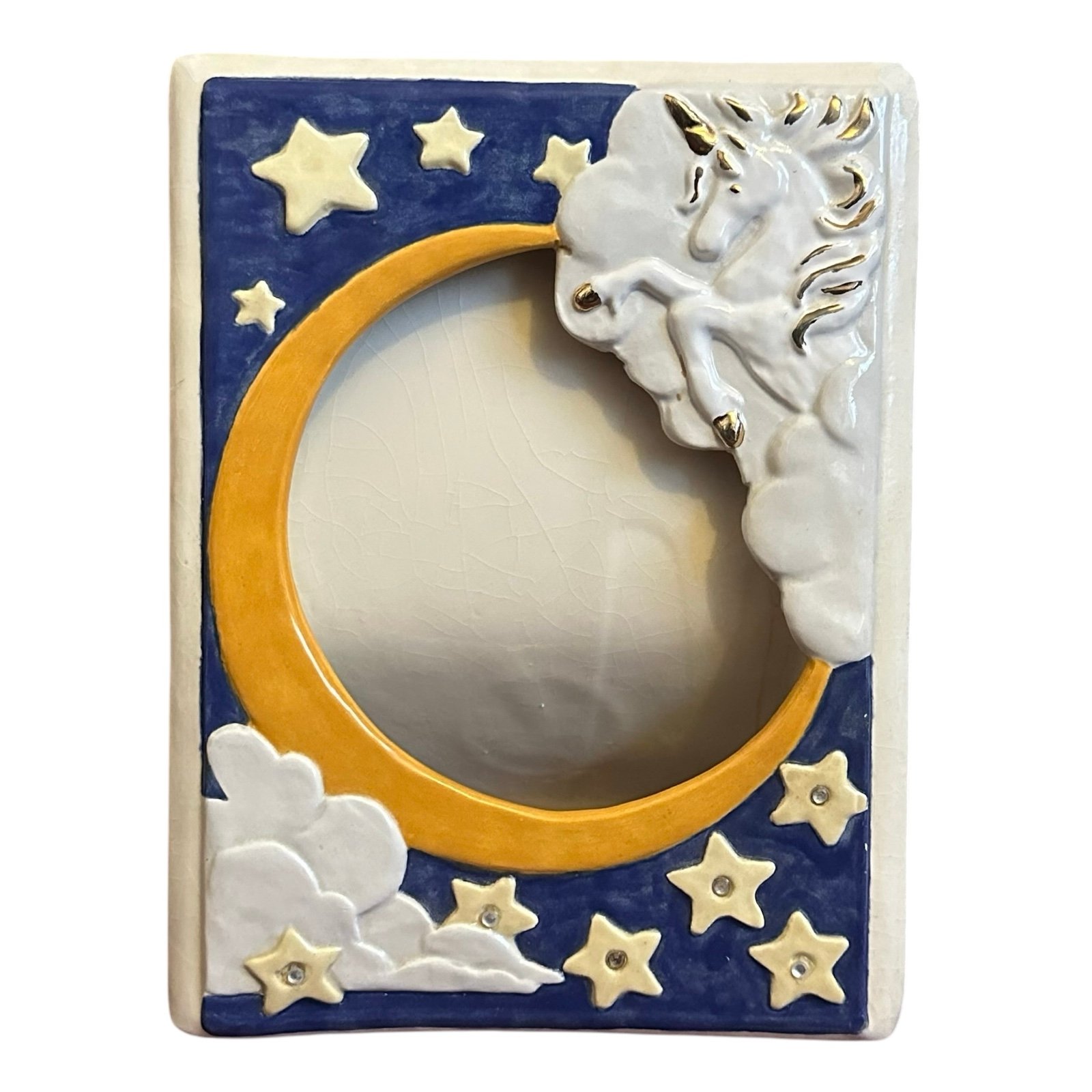 Vtg Crescent Moon Stars Unicorn Picture Frame Celestial Ceramic Handmade READ