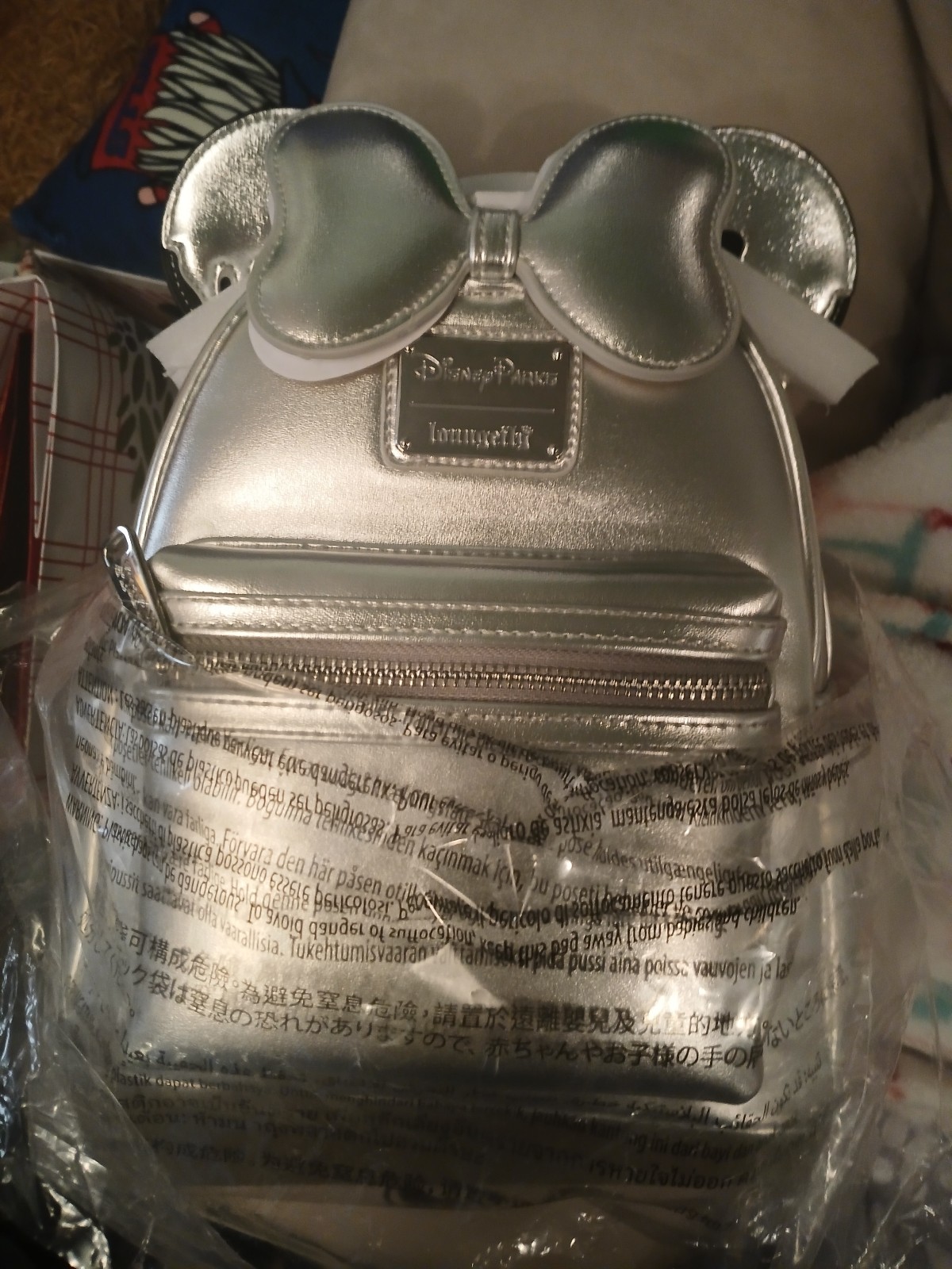 Loungefly Disney Parks 100 Minnie Silver Drip Metallic Backpack NWT